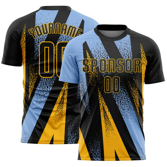 Custom Black Light Blue-Gold Radial Burst Sports Sublimation Soccer Uniform Jersey - Main View