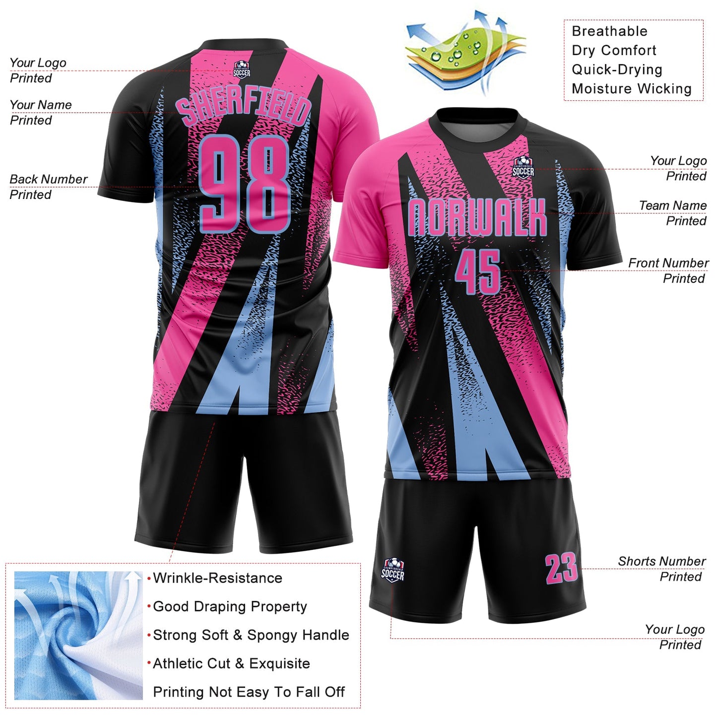 Custom Black Pink-Light Blue Radial Burst Sports Sublimation Soccer Uniform Jersey view 4