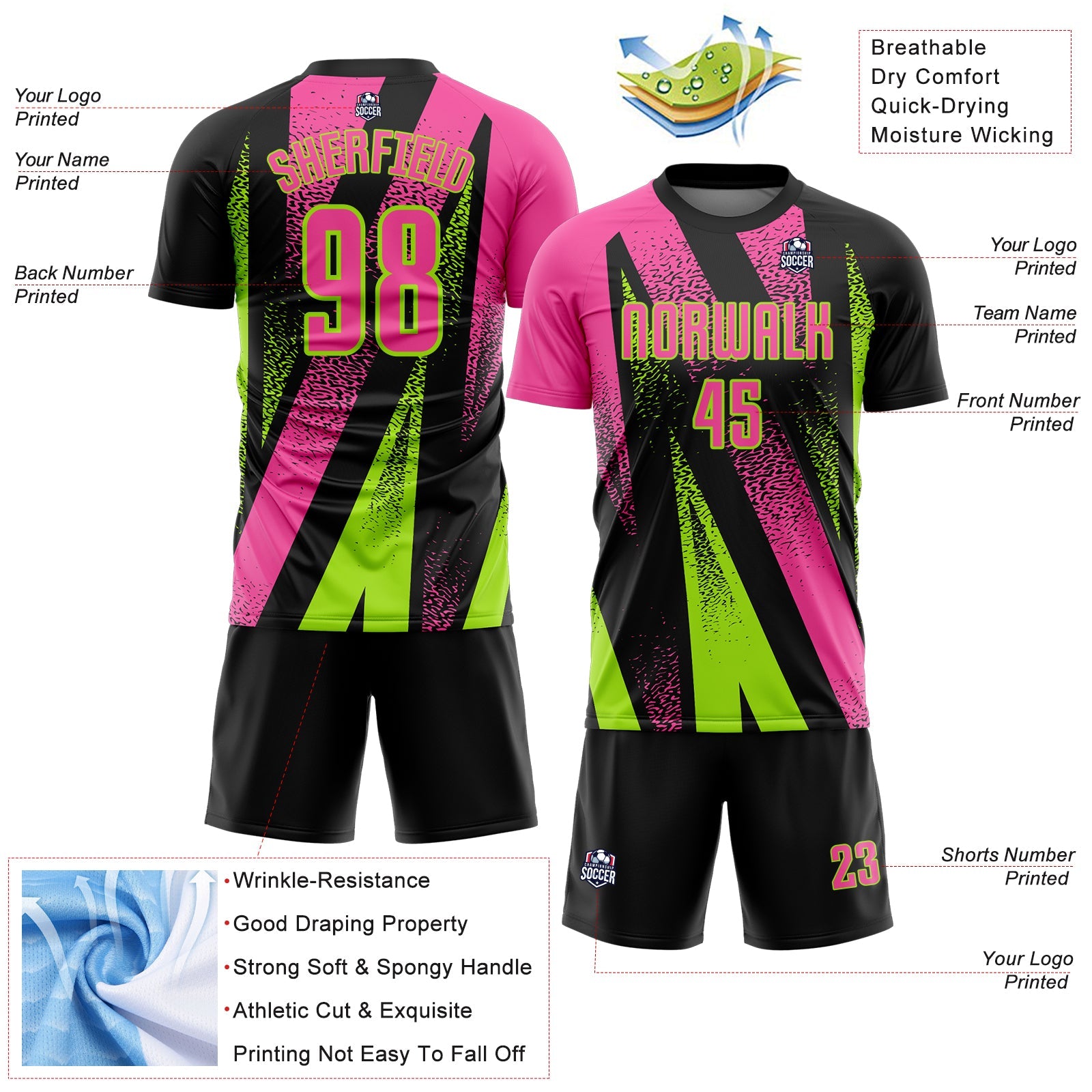 Custom Black Pink-Neon Green Radial Burst Sports Sublimation Soccer Uniform Jersey view 4
