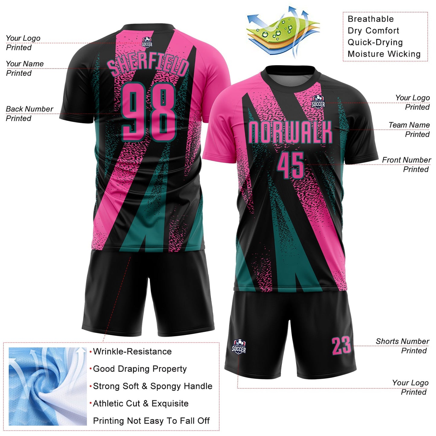 Custom Black Pink-Teal Radial Burst Sports Sublimation Soccer Uniform Jersey view 4