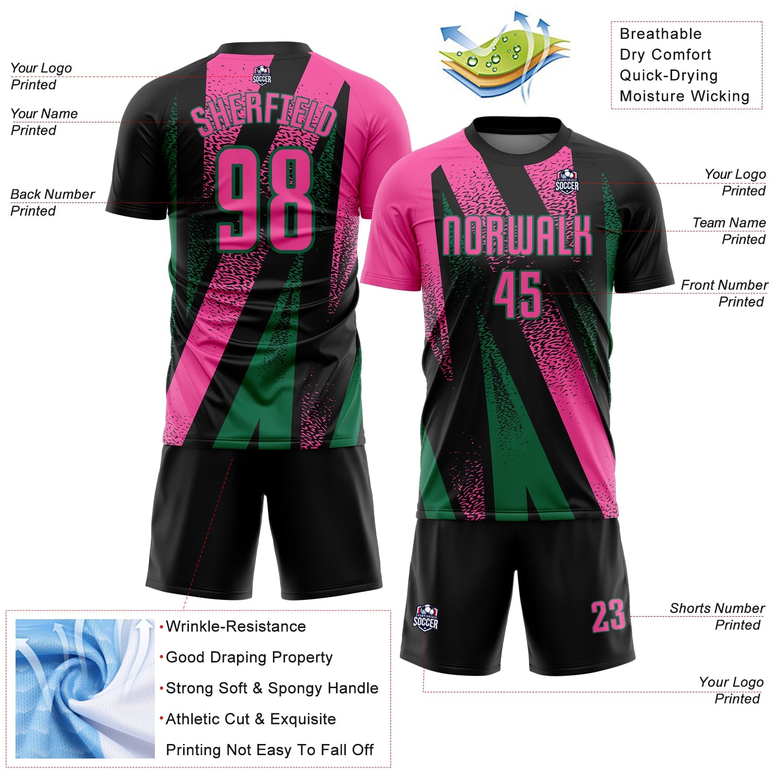 Custom Black Pink-Kelly Green Radial Burst Sports Sublimation Soccer Uniform Jersey view 4