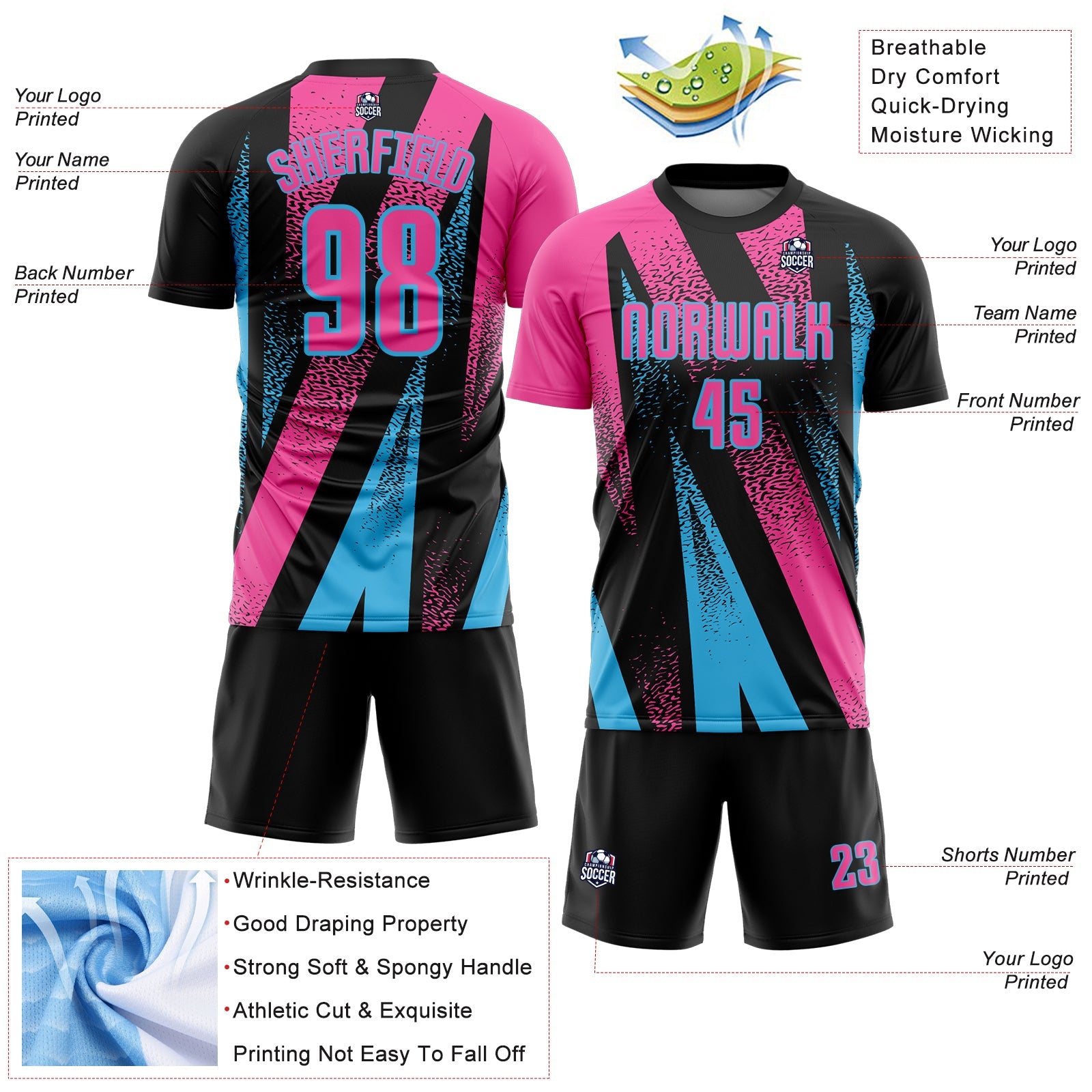 Custom Black Pink-Sky Blue Radial Burst Sports Sublimation Soccer Uniform Jersey view 4