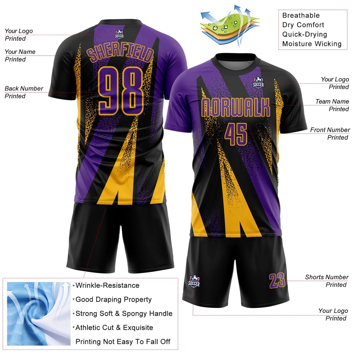 Custom Black Purple-Gold Radial Burst Sports Sublimation Soccer Uniform Jersey view 4