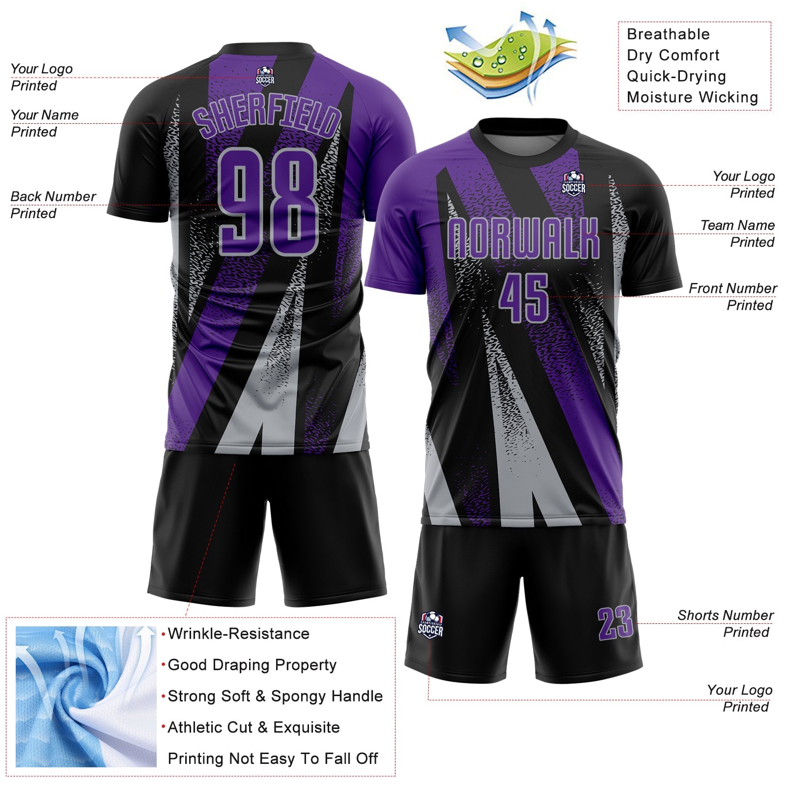 Custom Black Purple-Gray Radial Burst Sports Sublimation Soccer Uniform Jersey view 4