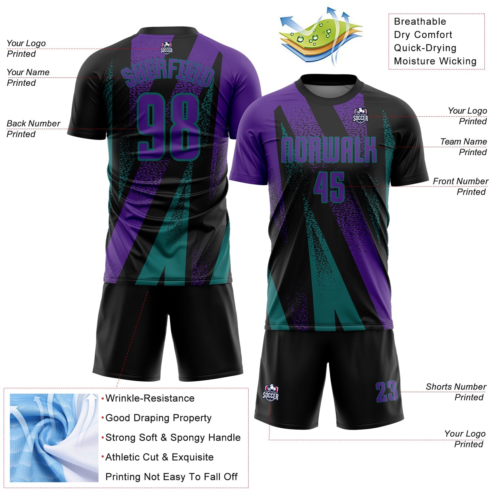 Custom Black Purple-Teal Radial Burst Sports Sublimation Soccer Uniform Jersey view 4