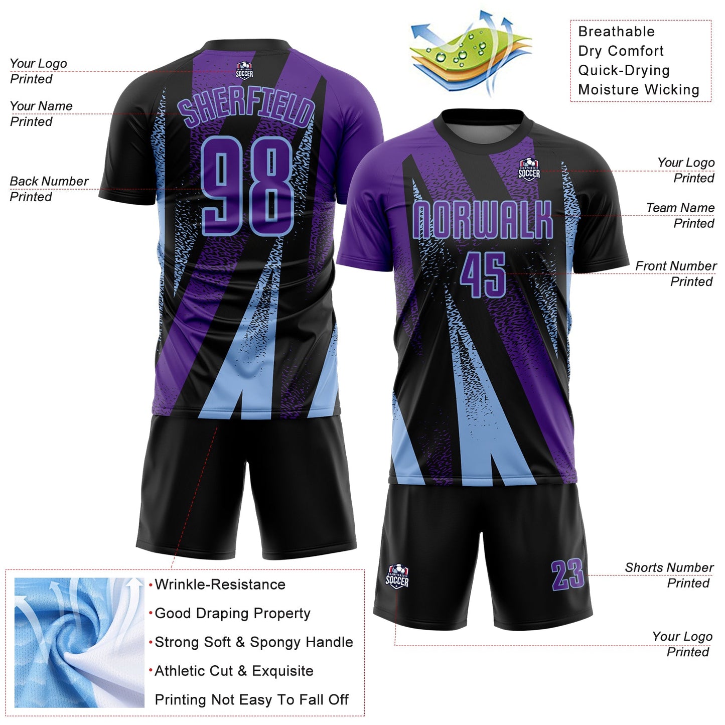 Custom Black Purple-Light Blue Radial Burst Sports Sublimation Soccer Uniform Jersey view 4