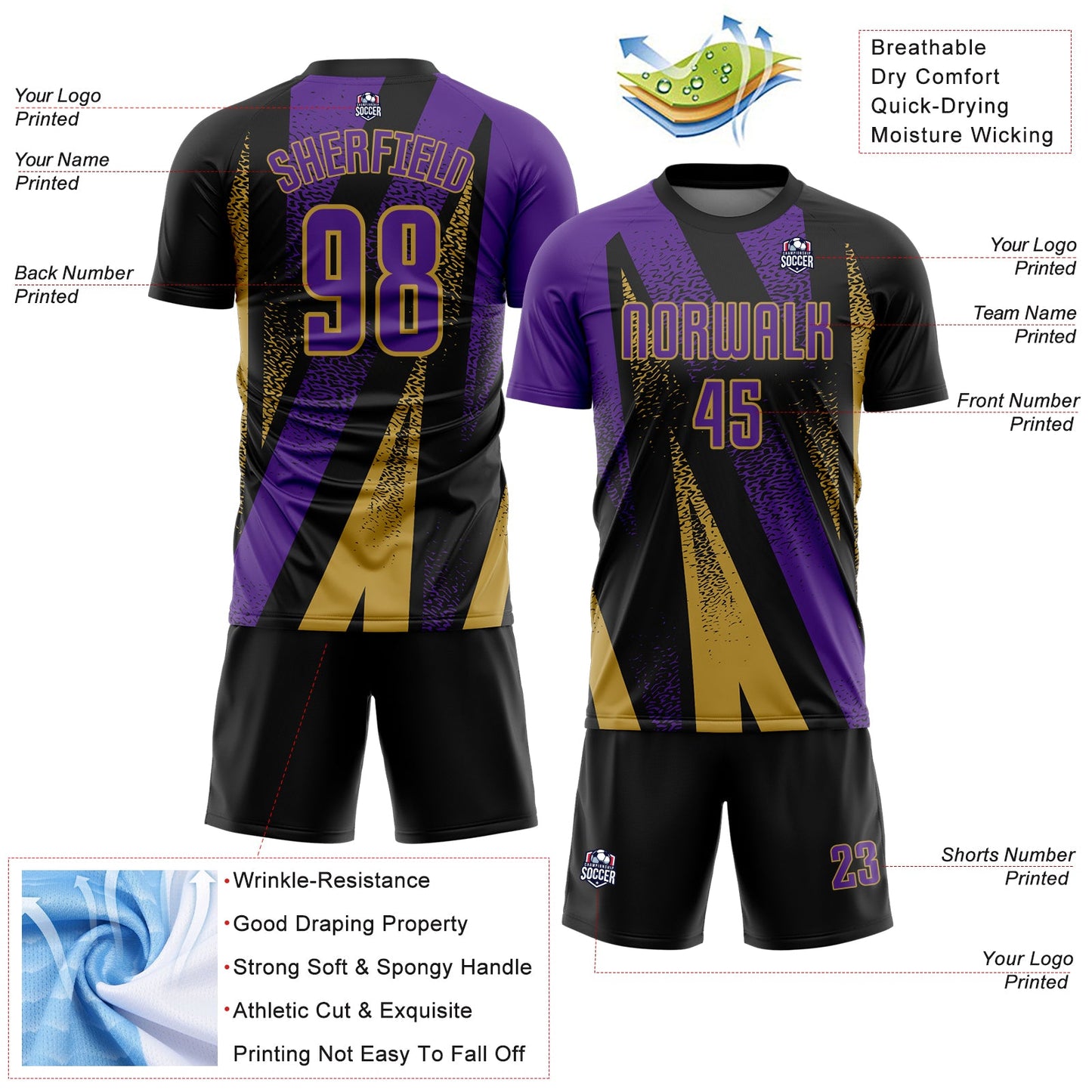 Custom Black Purple-Old Gold Radial Burst Sports Sublimation Soccer Uniform Jersey view 4