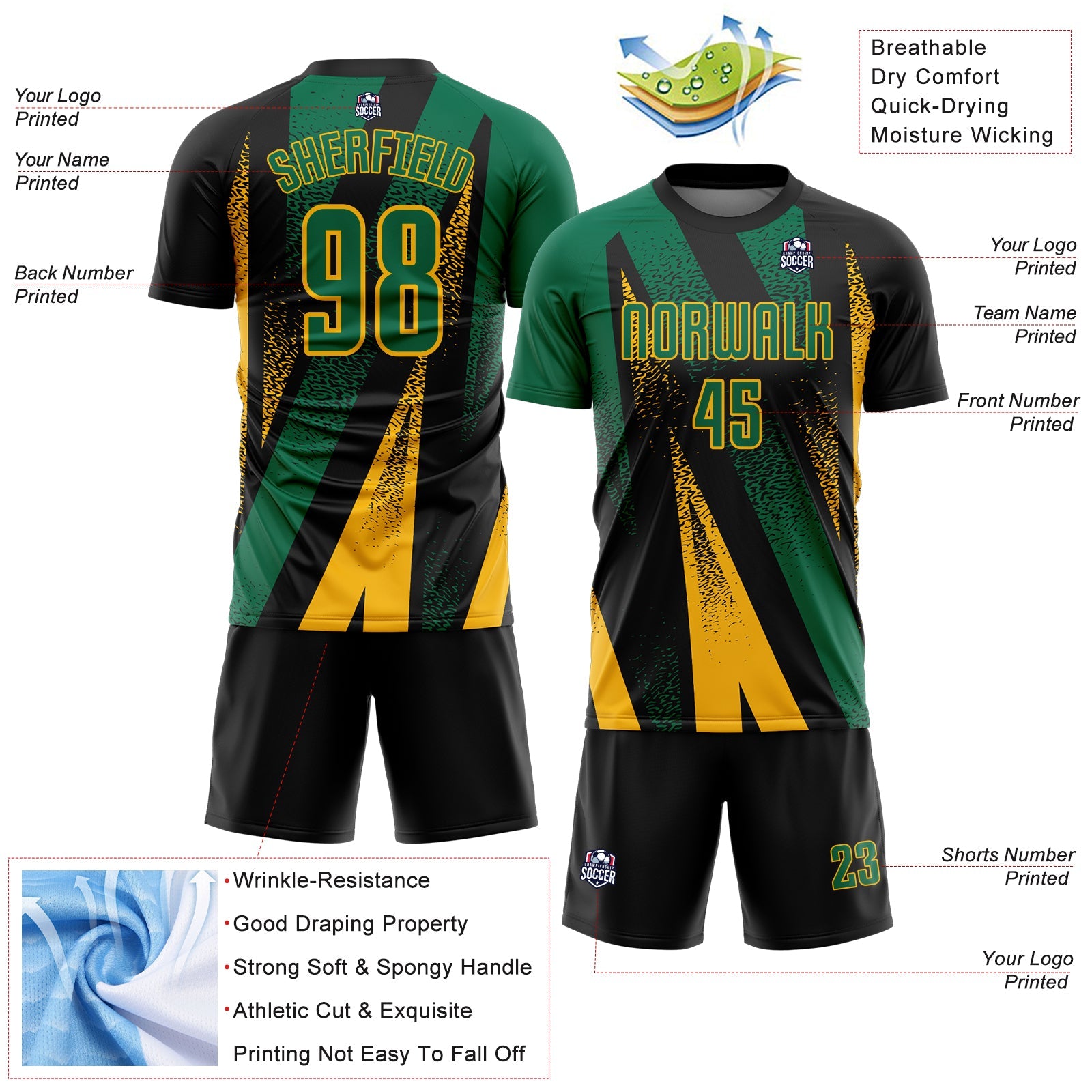Custom Black Kelly Green-Gold Radial Burst Sports Sublimation Soccer Uniform Jersey view 4