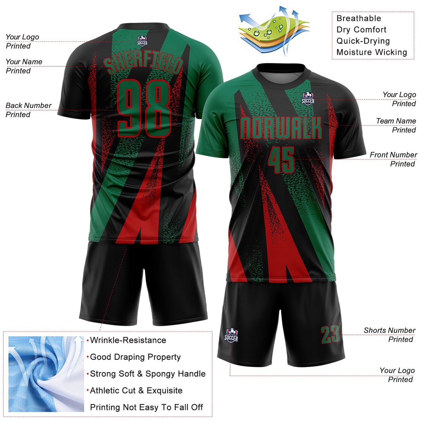 Custom Black Kelly Green-Red Radial Burst Sports Sublimation Soccer Uniform Jersey view 4