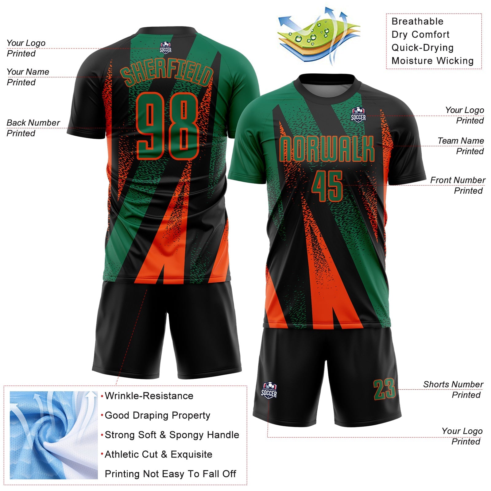 Custom Black Kelly Green-Orange Radial Burst Sports Sublimation Soccer Uniform Jersey view 4