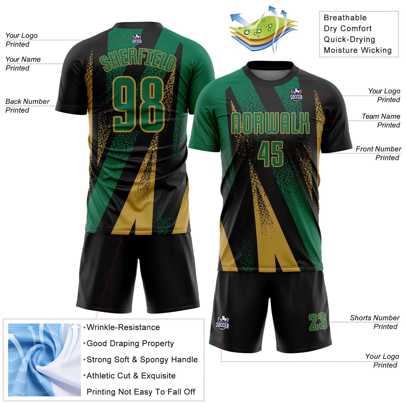 Custom Black Kelly Green-Old Gold Radial Burst Sports Sublimation Soccer Uniform Jersey view 4