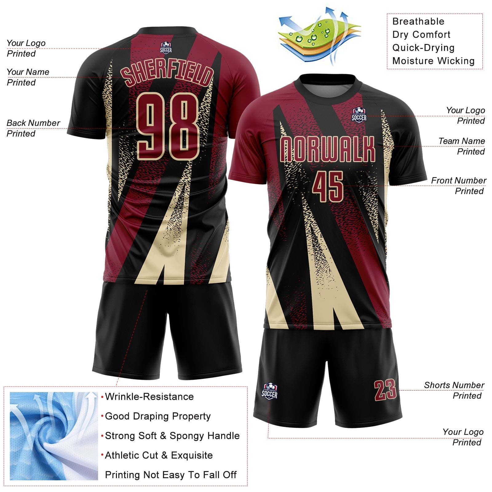 Custom Black Crimson-Cream Radial Burst Sports Sublimation Soccer Uniform Jersey view 4