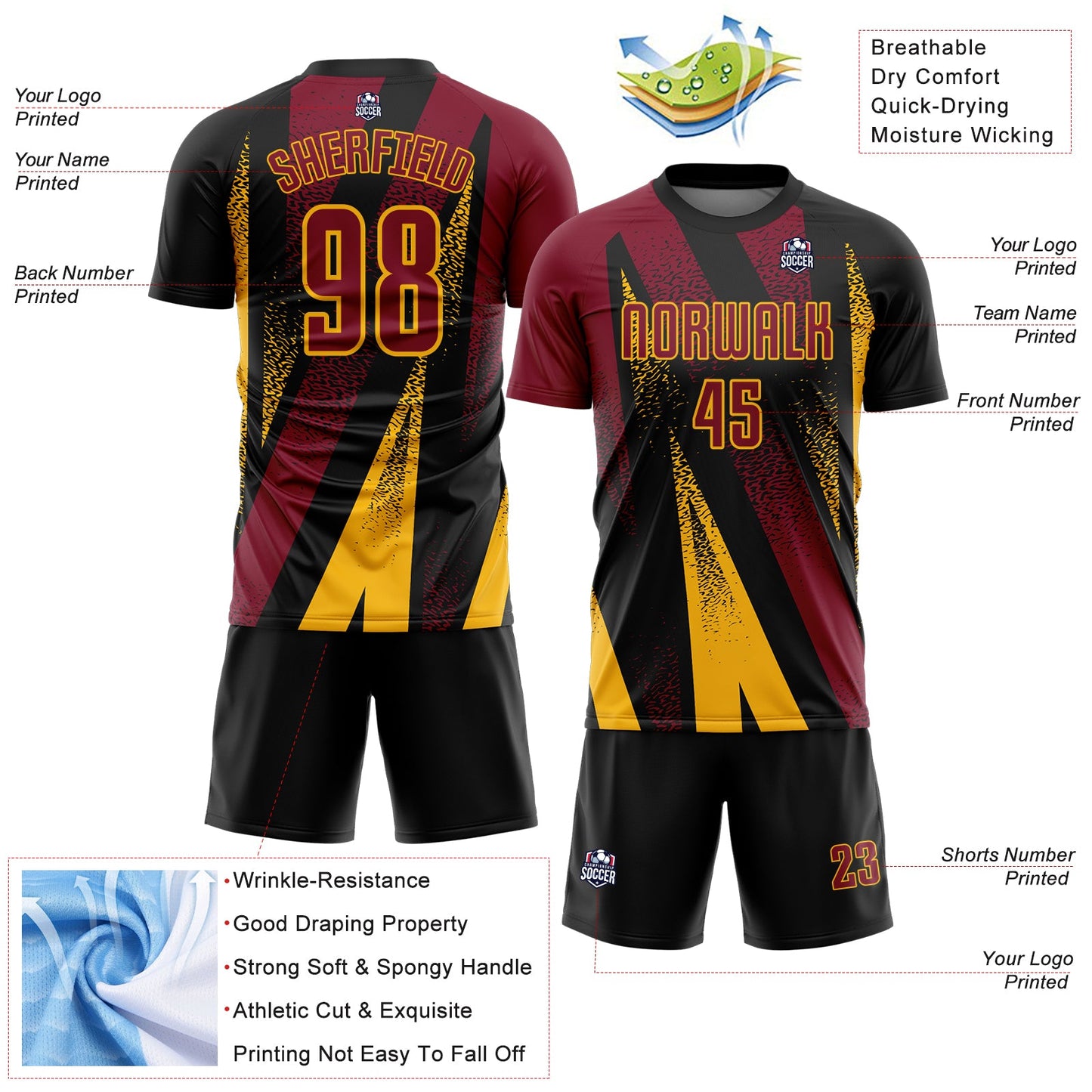 Custom Black Crimson-Gold Radial Burst Sports Sublimation Soccer Uniform Jersey view 4