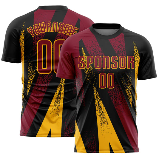 Custom Black Crimson-Gold Radial Burst Sports Sublimation Soccer Uniform Jersey - Main View