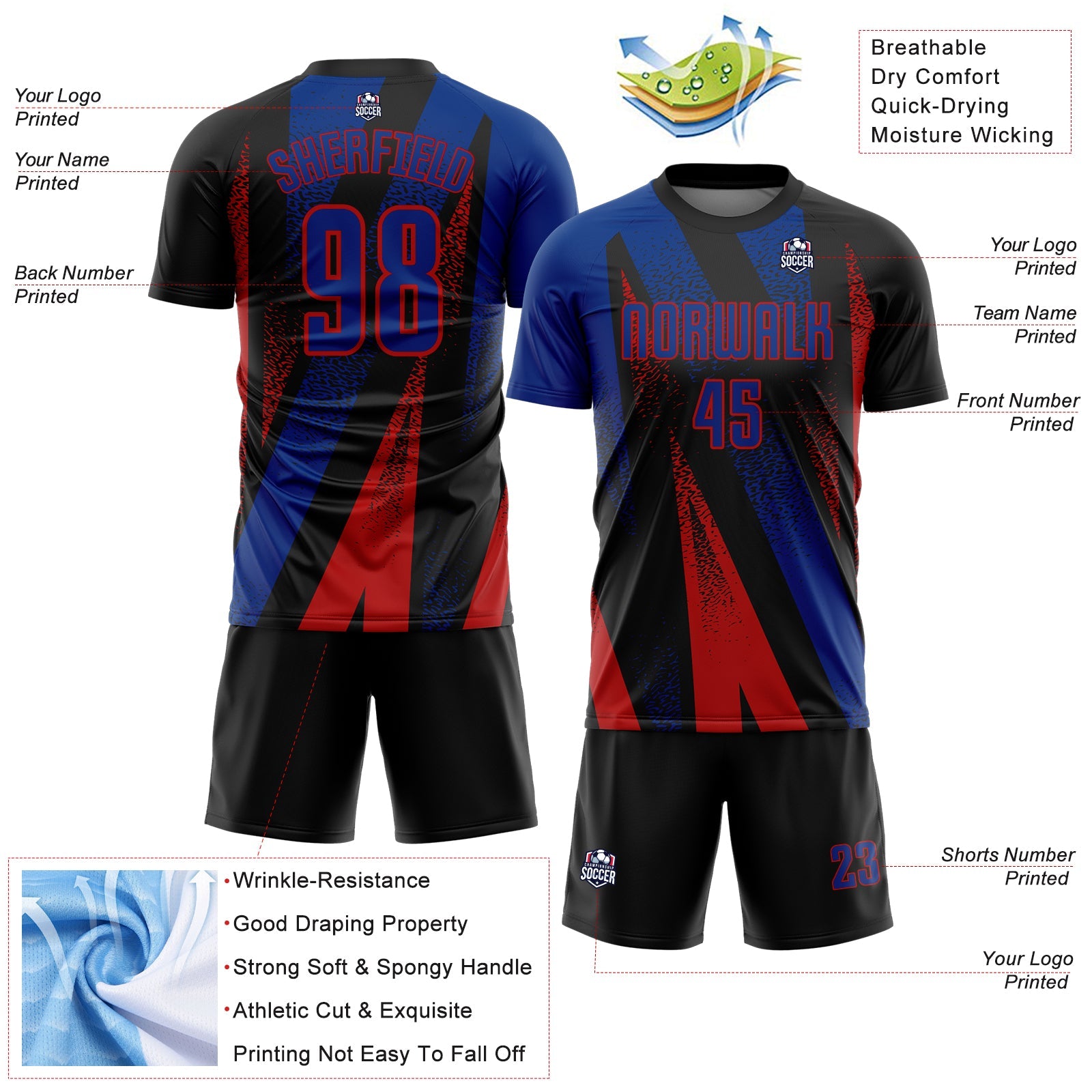 Custom Black Royal-Red Radial Burst Sports Sublimation Soccer Uniform Jersey view 4