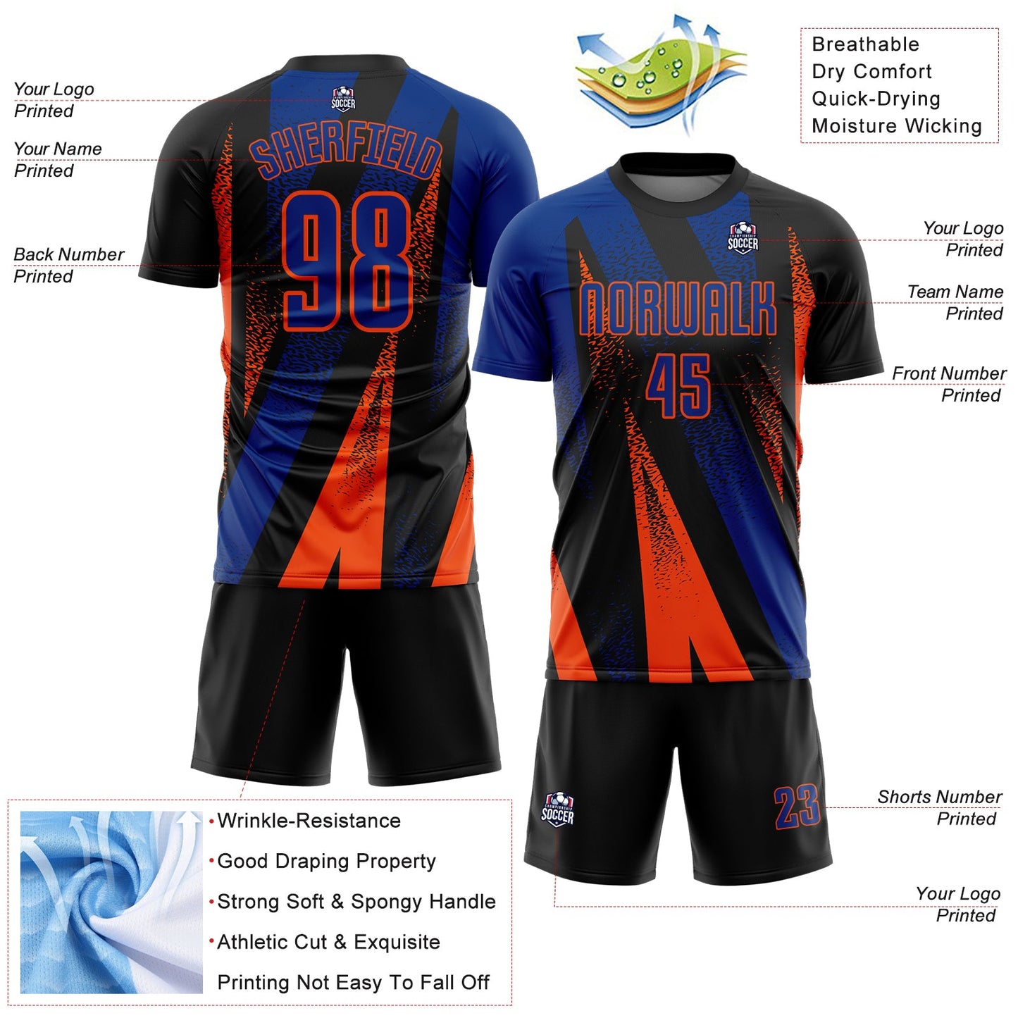 Custom Black Royal-Orange Radial Burst Sports Sublimation Soccer Uniform Jersey view 4