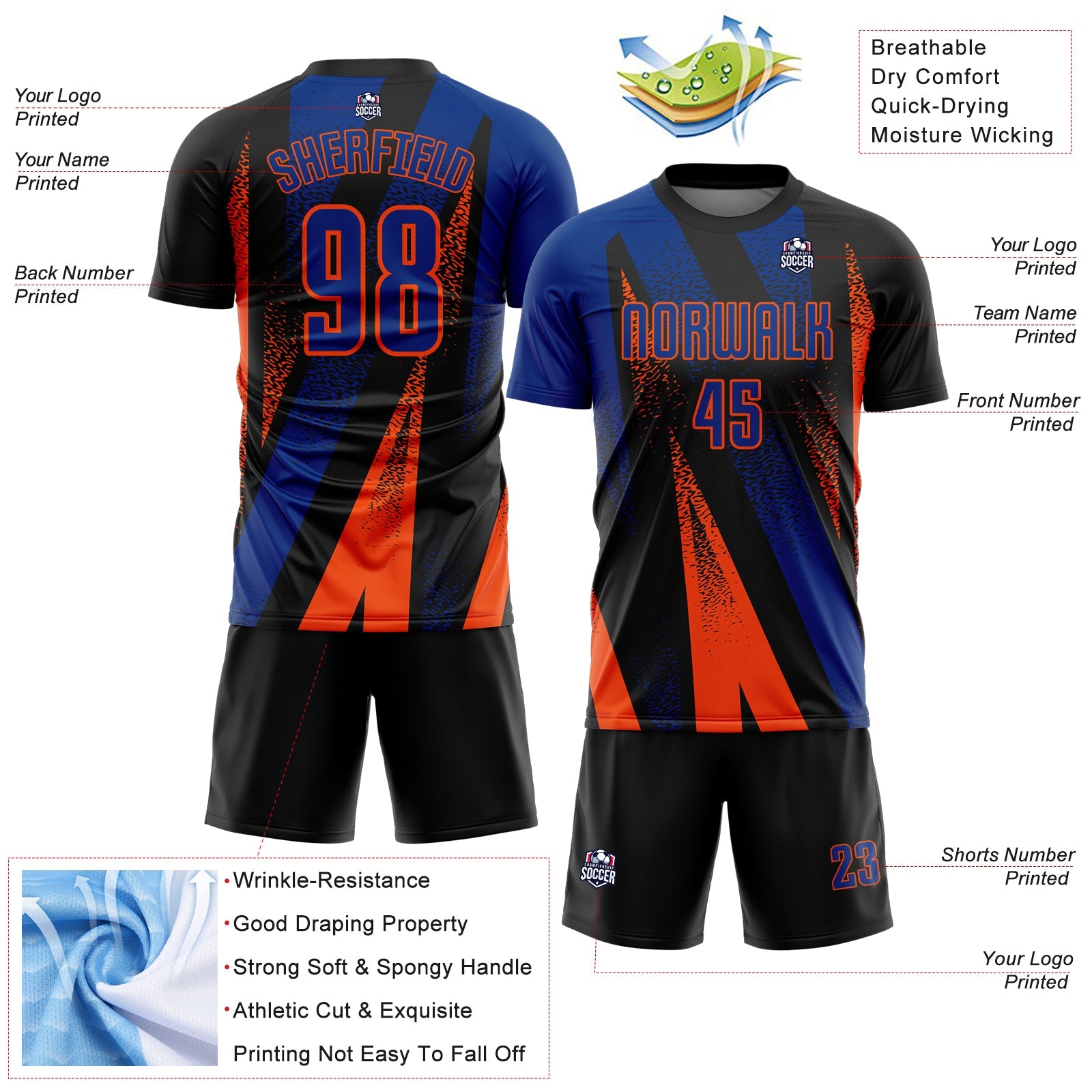 Custom Black Royal-Orange Radial Burst Sports Sublimation Soccer Uniform Jersey view 4