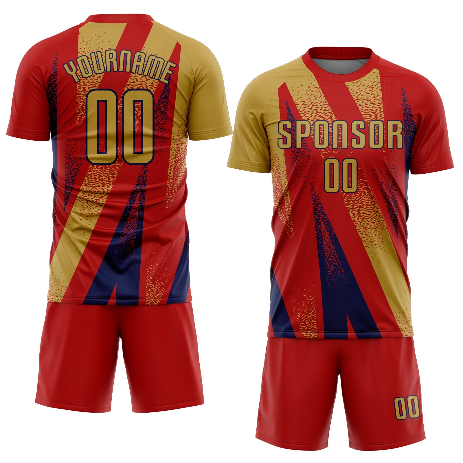 Custom Red Old Gold-Navy Radial Burst Sports Sublimation Soccer Uniform Jersey view 2