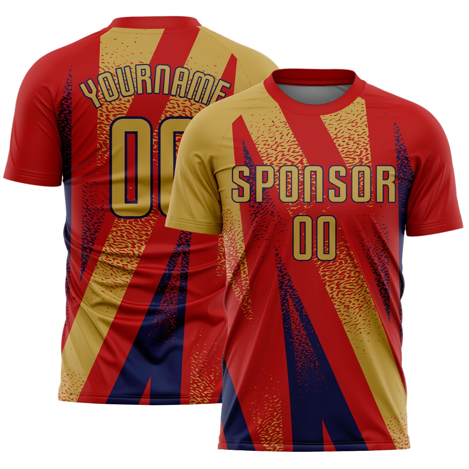 Custom Red Old Gold-Navy Radial Burst Sports Sublimation Soccer Uniform Jersey - Main View