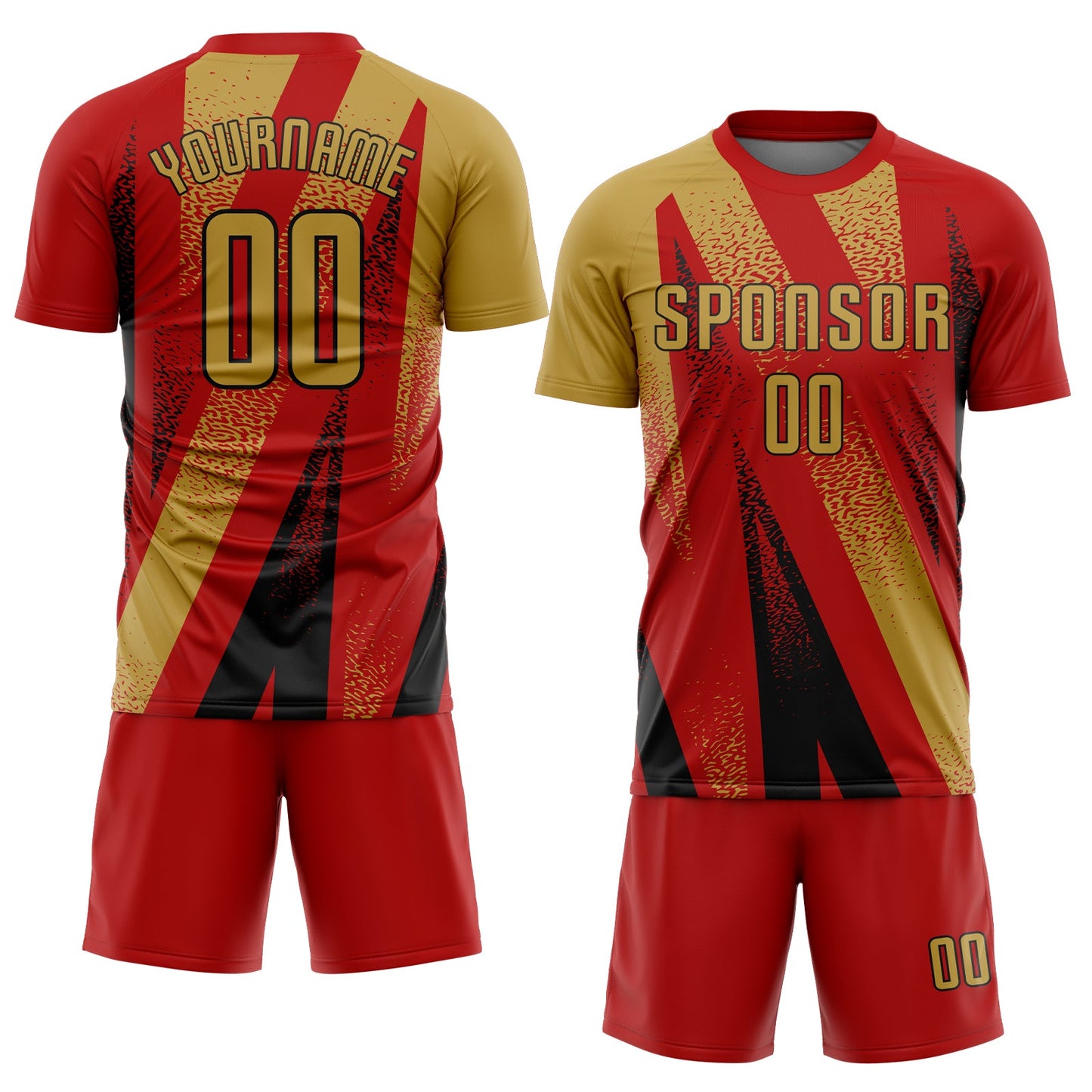Custom Red Old Gold-Black Radial Burst Sports Sublimation Soccer Uniform Jersey view 2