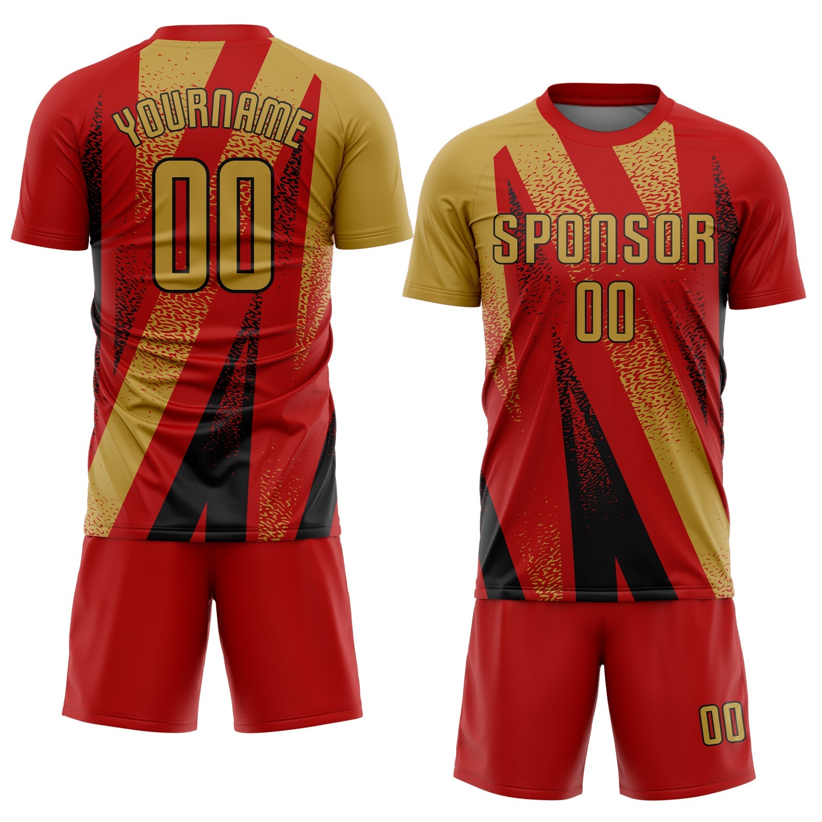 Custom Red Old Gold-Black Radial Burst Sports Sublimation Soccer Uniform Jersey view 2