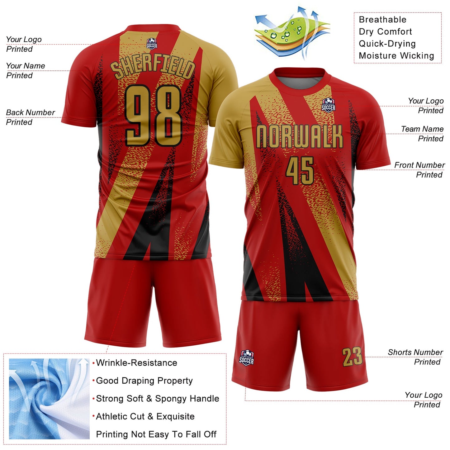 Custom Red Old Gold-Black Radial Burst Sports Sublimation Soccer Uniform Jersey view 4
