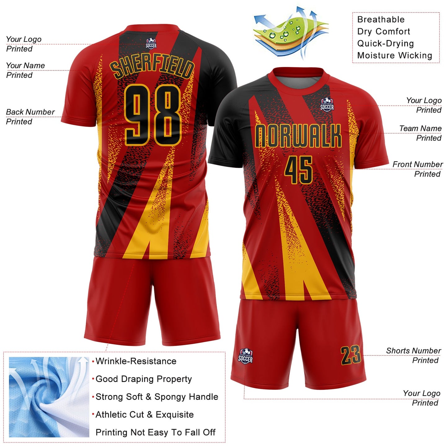 Custom Red Black-Gold Radial Burst Sports Sublimation Soccer Uniform Jersey view 4