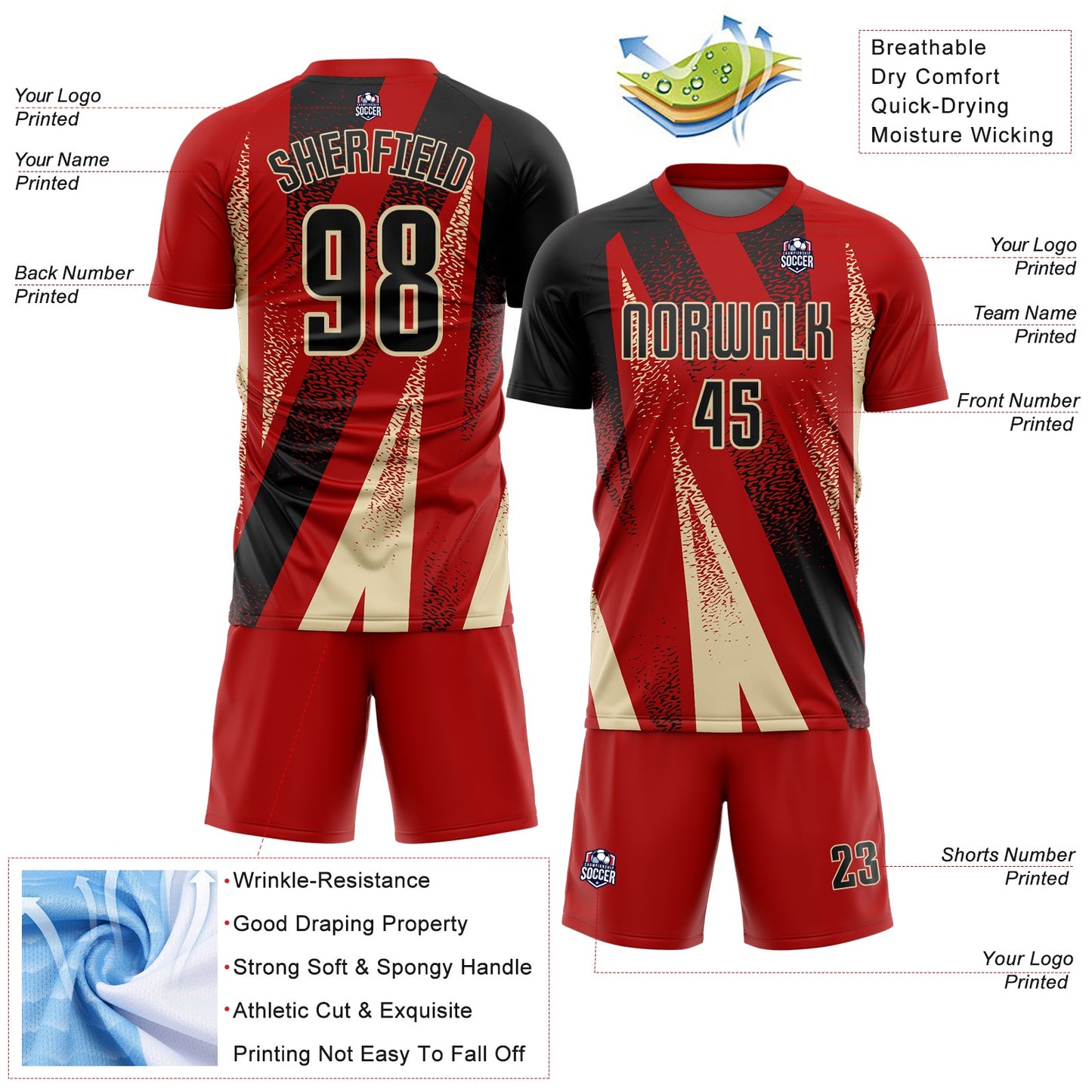Custom Red Black-Cream Radial Burst Sports Sublimation Soccer Uniform Jersey view 4