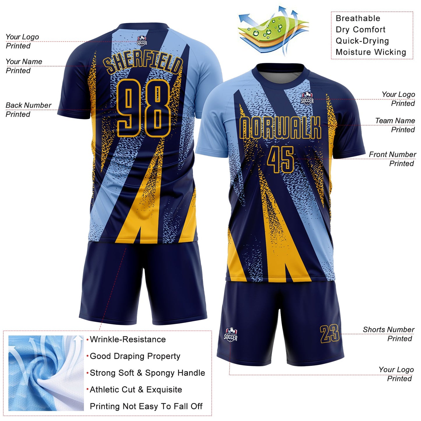 Custom Navy Light Blue-Gold Radial Burst Sports Sublimation Soccer Uniform Jersey view 4