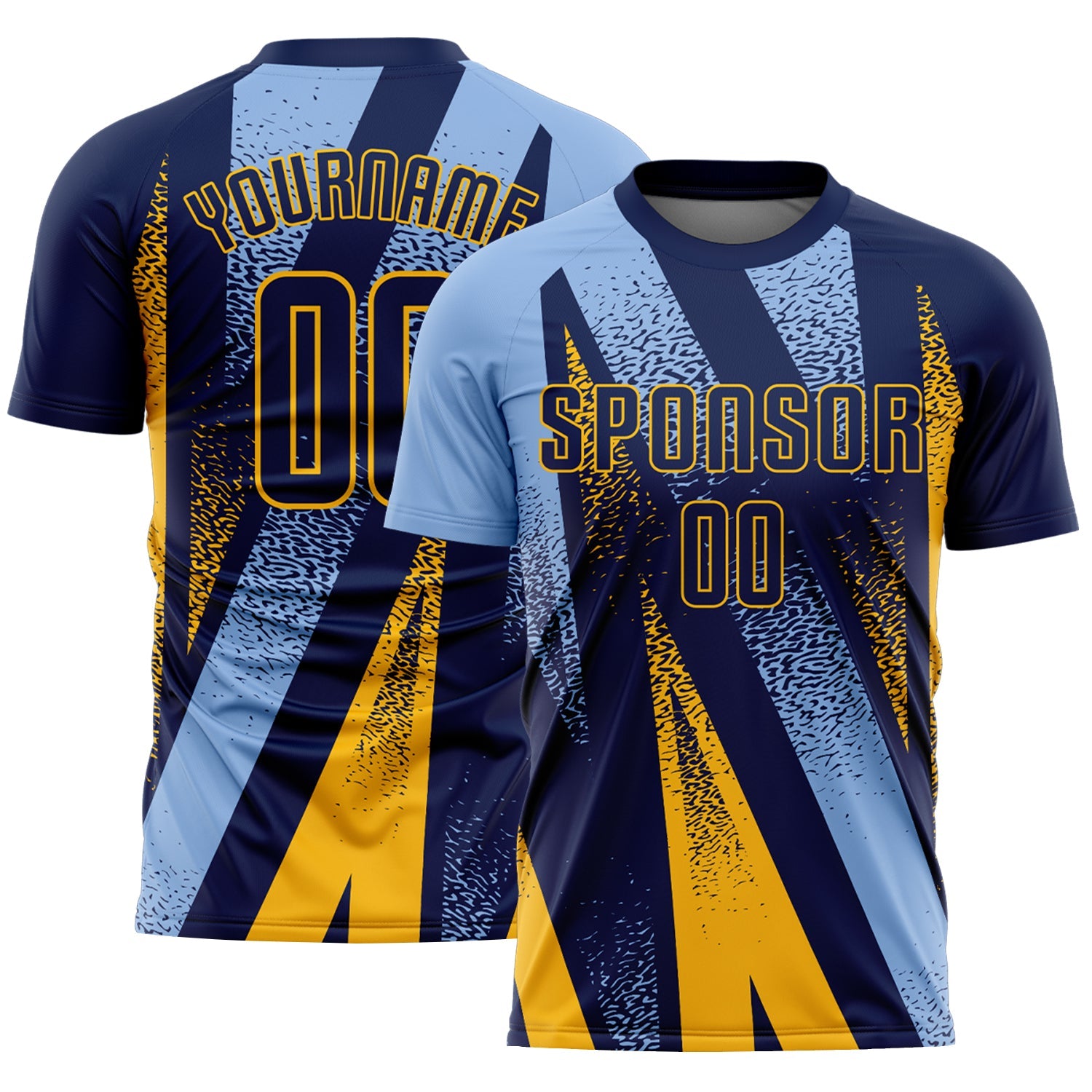 Custom Navy Light Blue-Gold Radial Burst Sports Sublimation Soccer Uniform Jersey - Main View