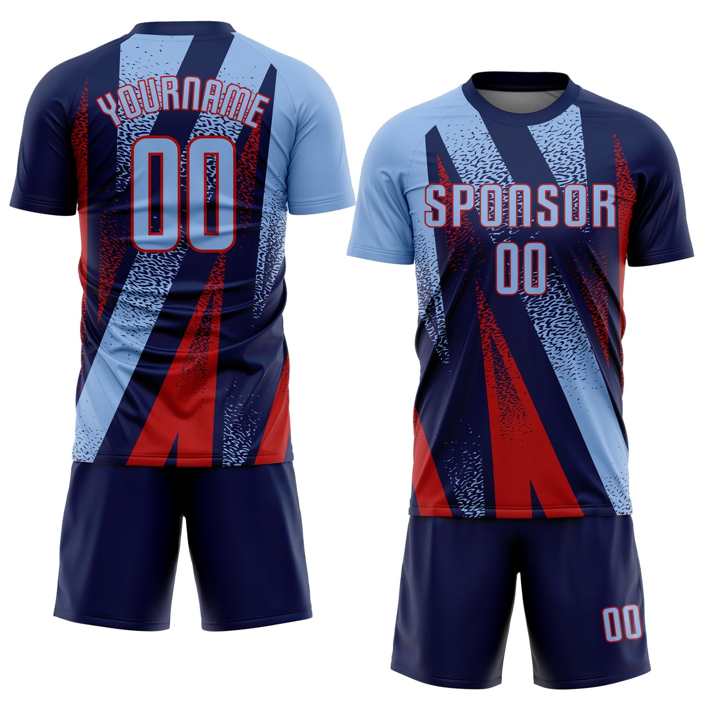 Custom Navy Light Blue-Red Radial Burst Sports Sublimation Soccer Uniform Jersey view 2