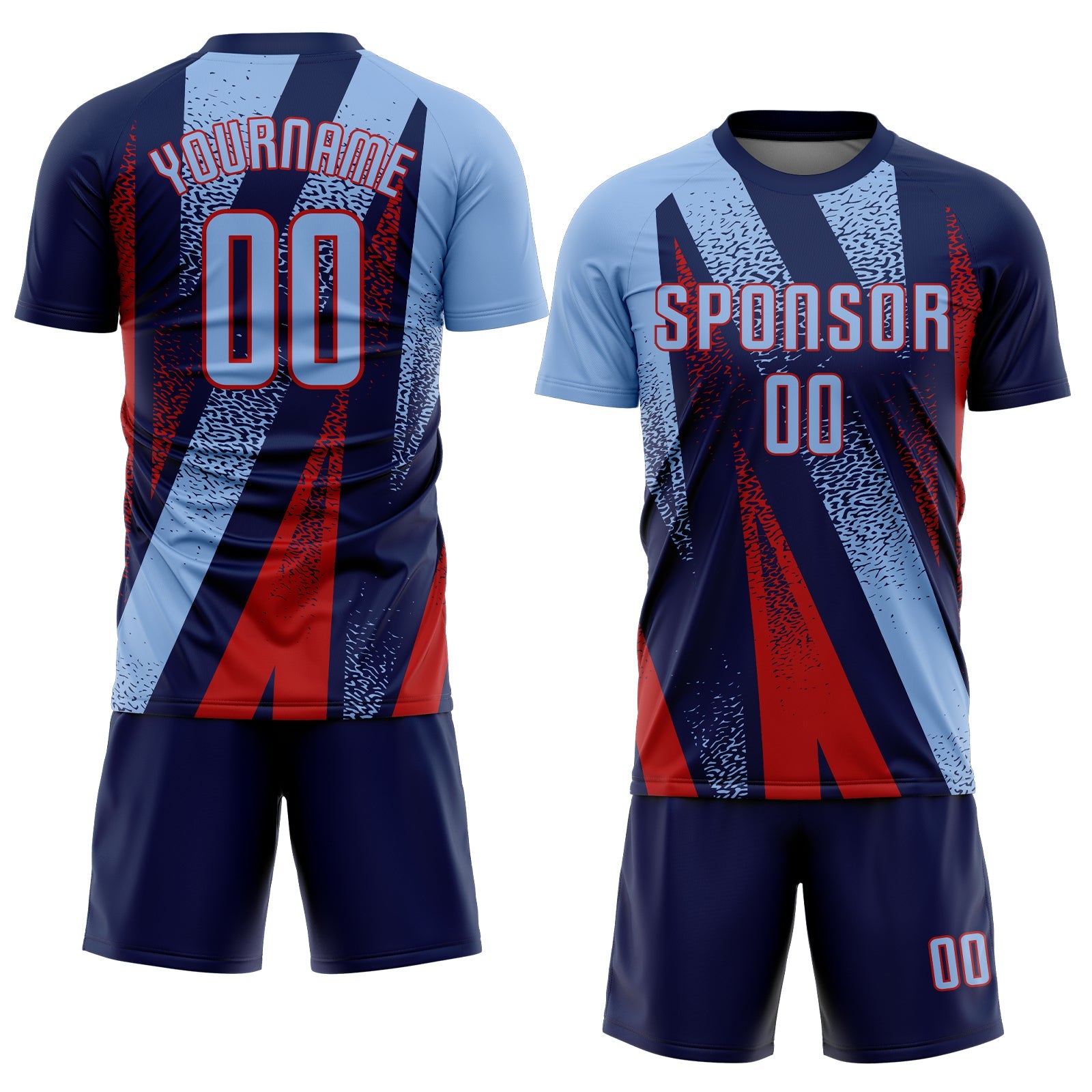 Custom Navy Light Blue-Red Radial Burst Sports Sublimation Soccer Uniform Jersey view 2