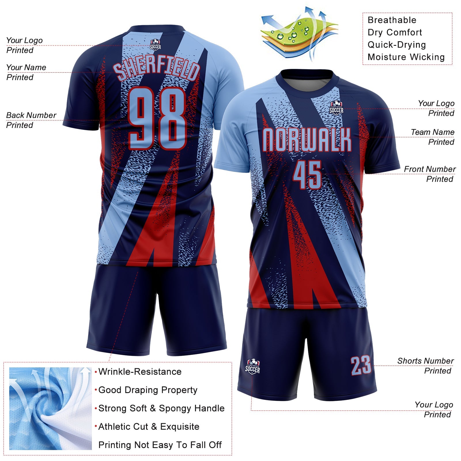 Custom Navy Light Blue-Red Radial Burst Sports Sublimation Soccer Uniform Jersey view 4