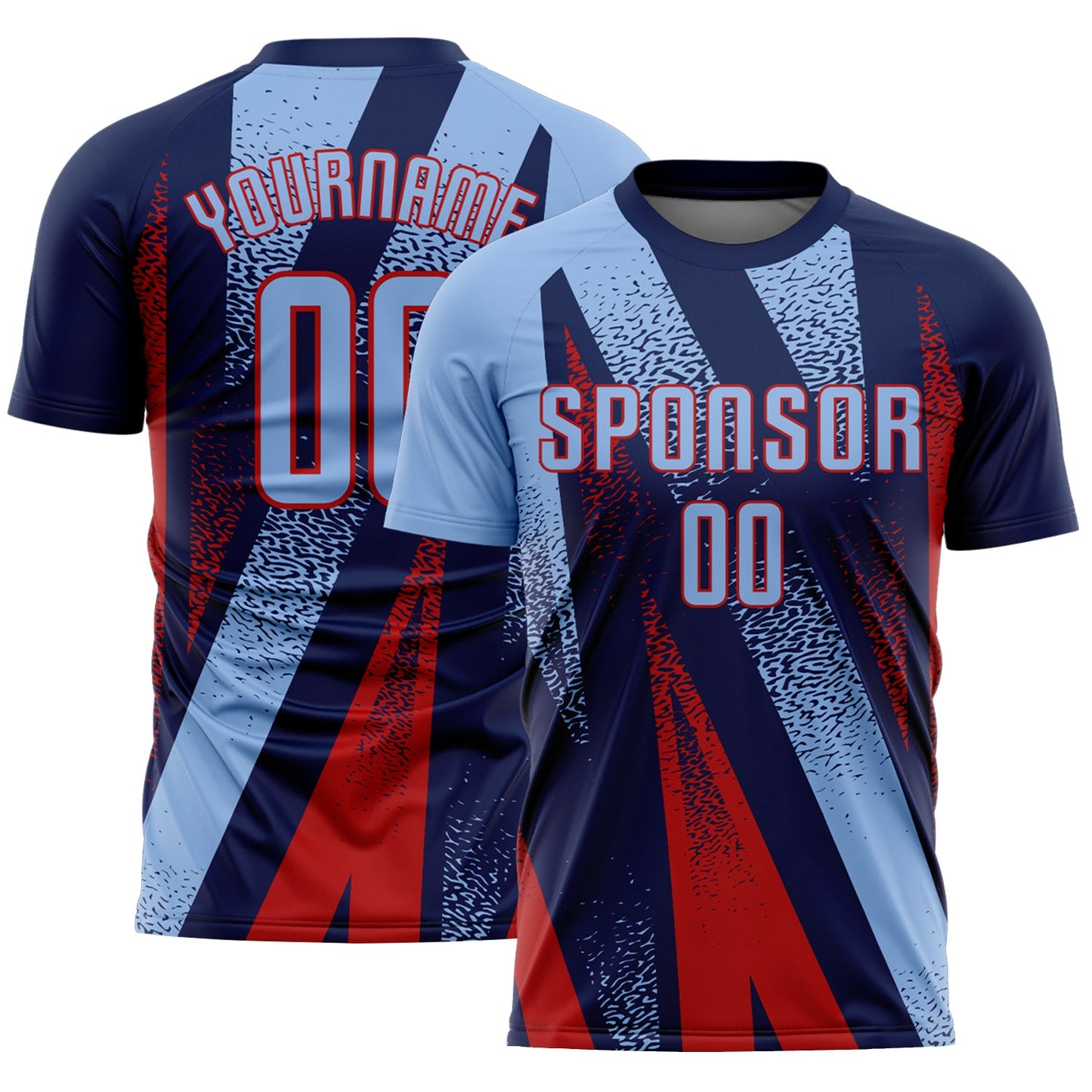 Custom Navy Light Blue-Red Radial Burst Sports Sublimation Soccer Uniform Jersey - Main View