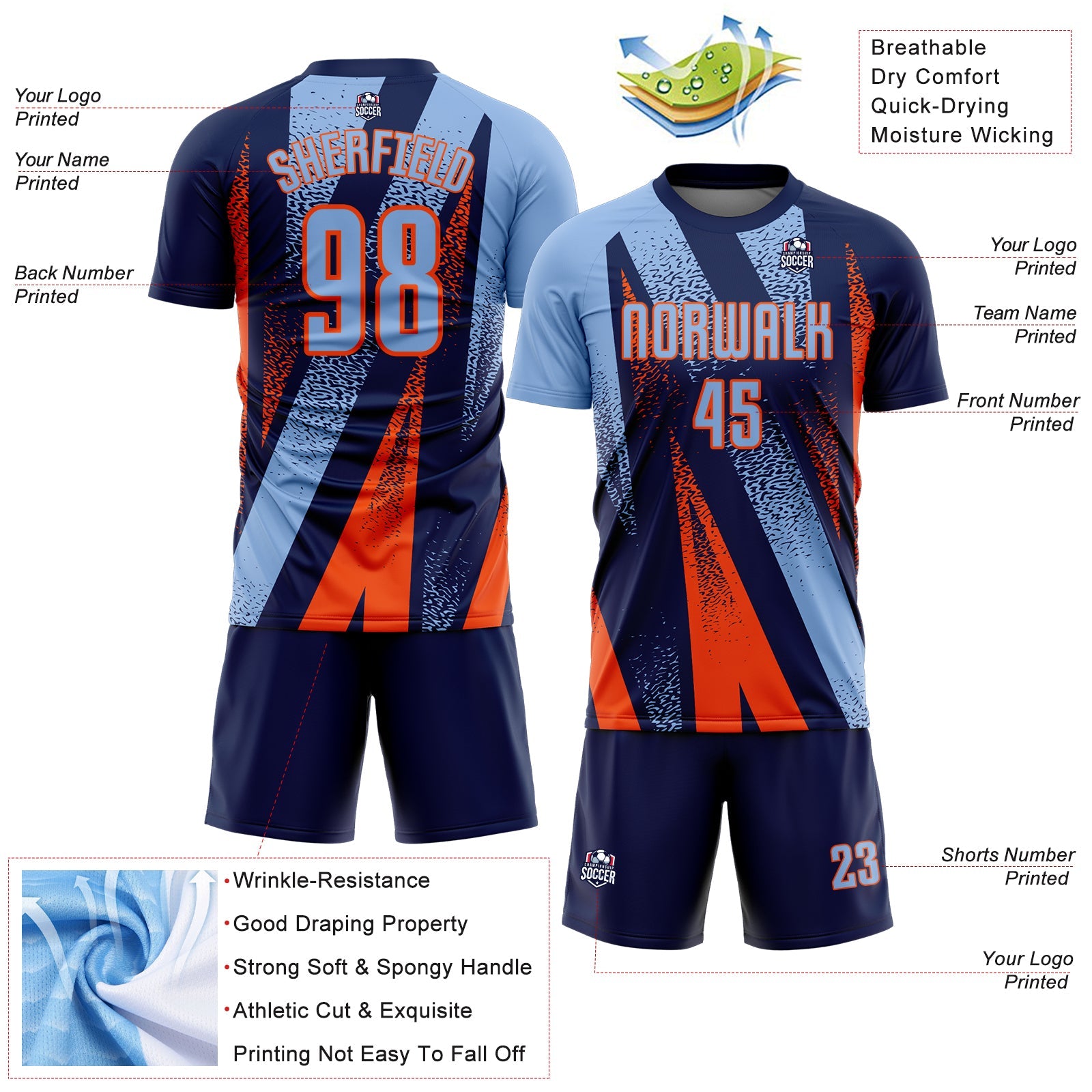 Custom Navy Light Blue-Orange Radial Burst Sports Sublimation Soccer Uniform Jersey view 4