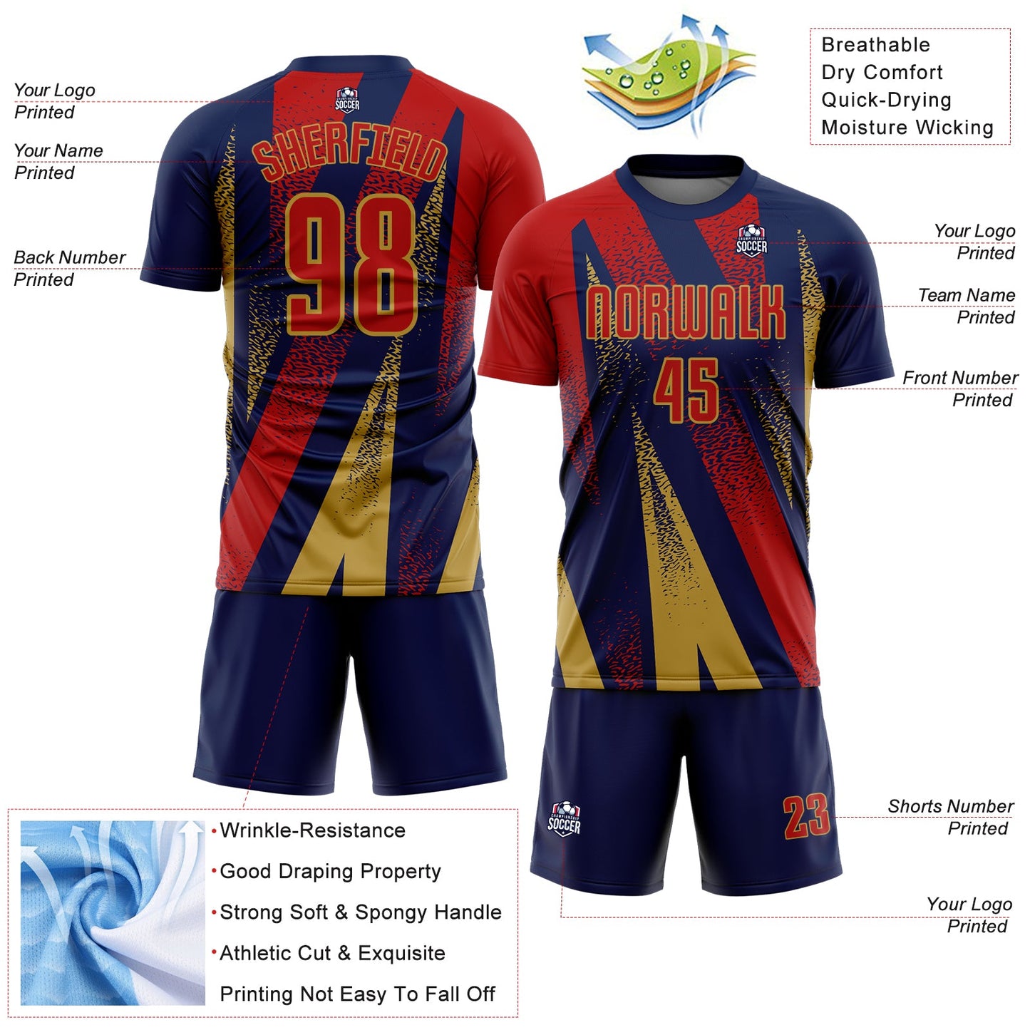 Custom Navy Red-Old Gold Radial Burst Sports Sublimation Soccer Uniform Jersey view 4