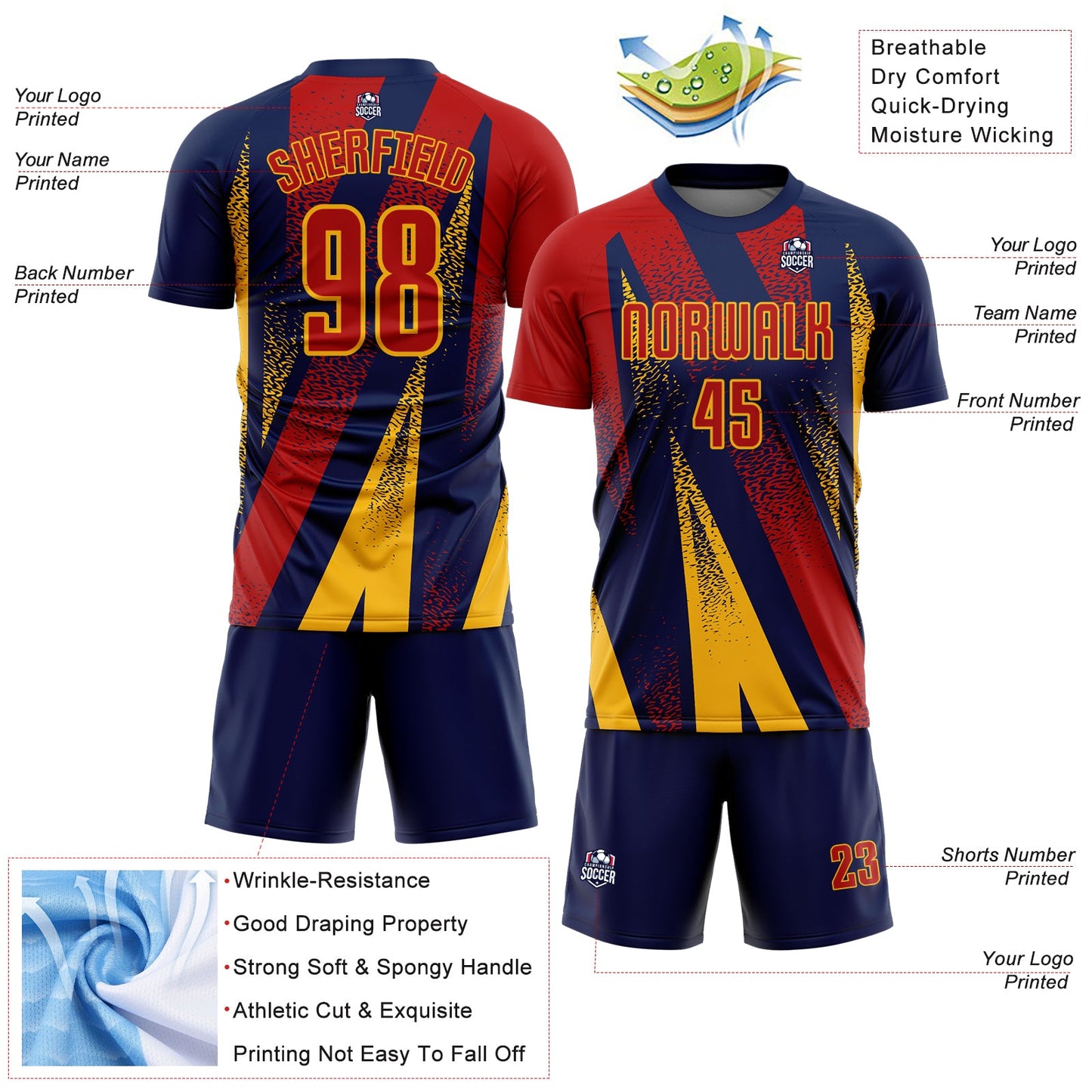 Custom Navy Red-Gold Radial Burst Sports Sublimation Soccer Uniform Jersey view 4