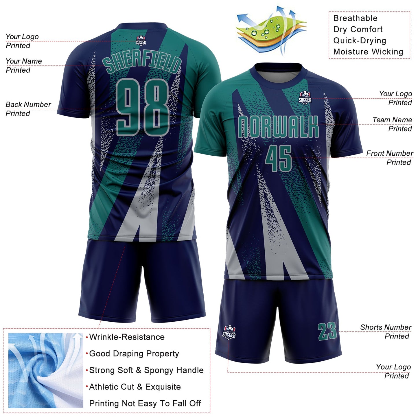 Custom Navy Teal-Gray Radial Burst Sports Sublimation Soccer Uniform Jersey view 4