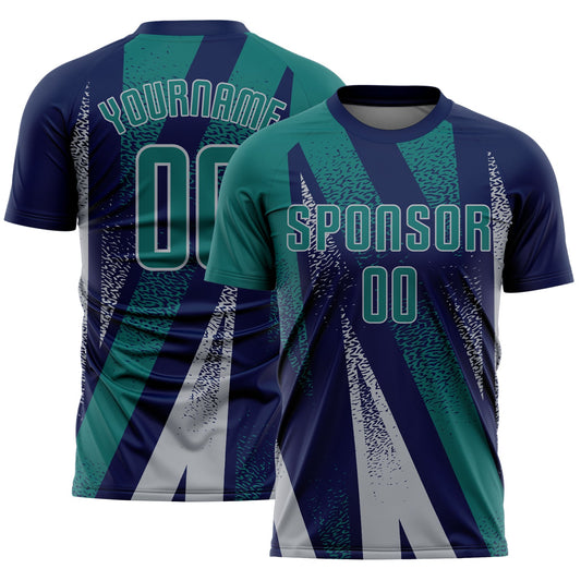 Custom Navy Teal-Gray Radial Burst Sports Sublimation Soccer Uniform Jersey - Main View