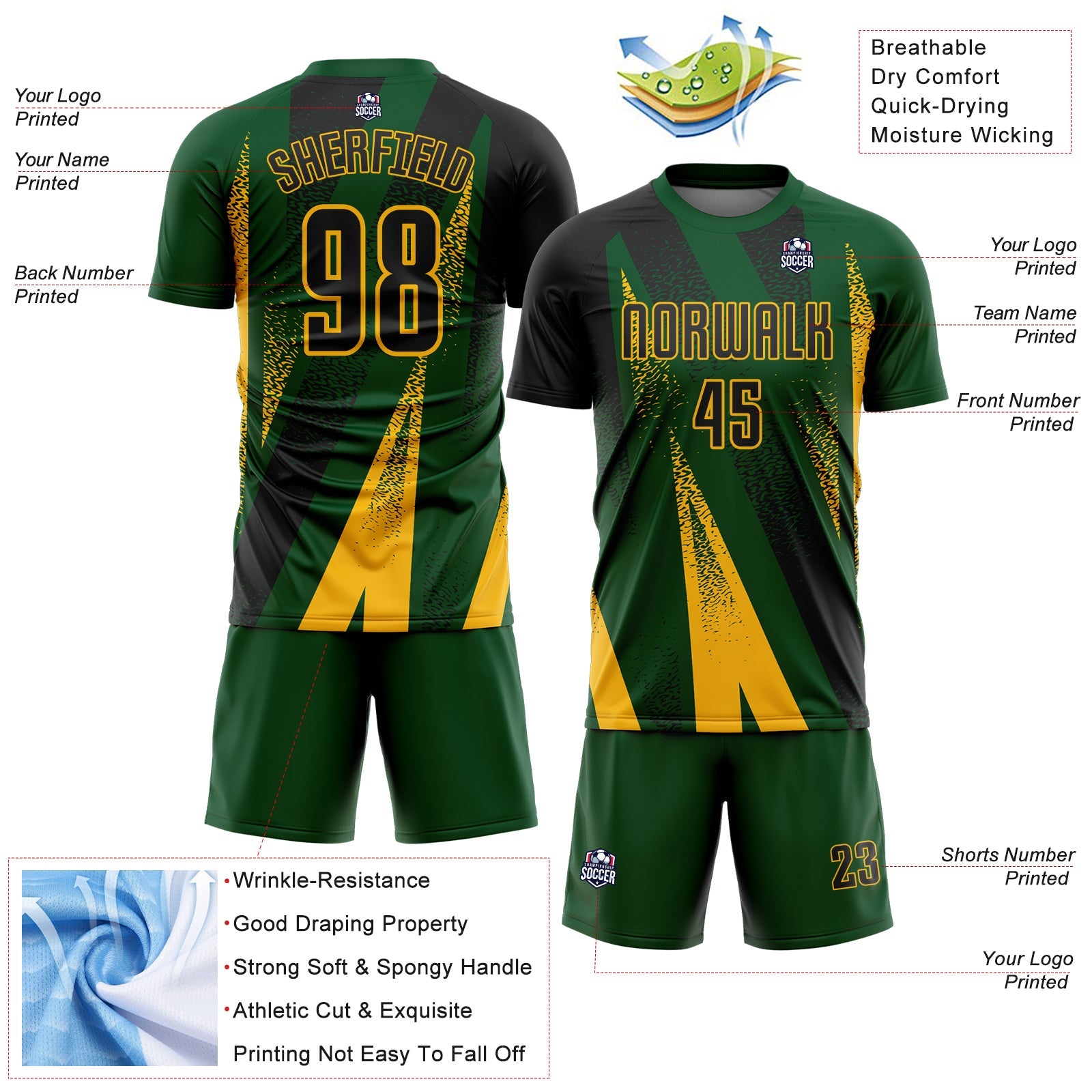 Custom Green Black-Gold Radial Burst Sports Sublimation Soccer Uniform Jersey view 4