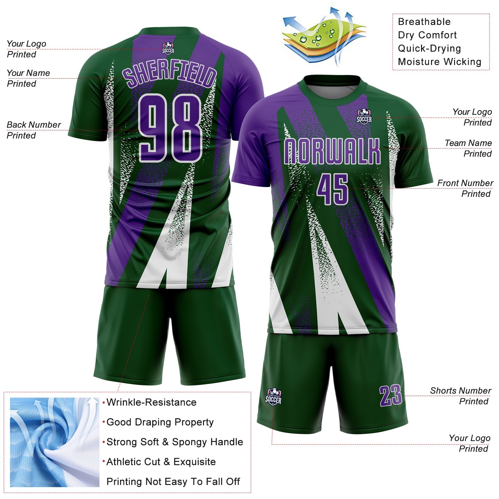 Custom Green Purple-White Radial Burst Sports Sublimation Soccer Uniform Jersey view 4