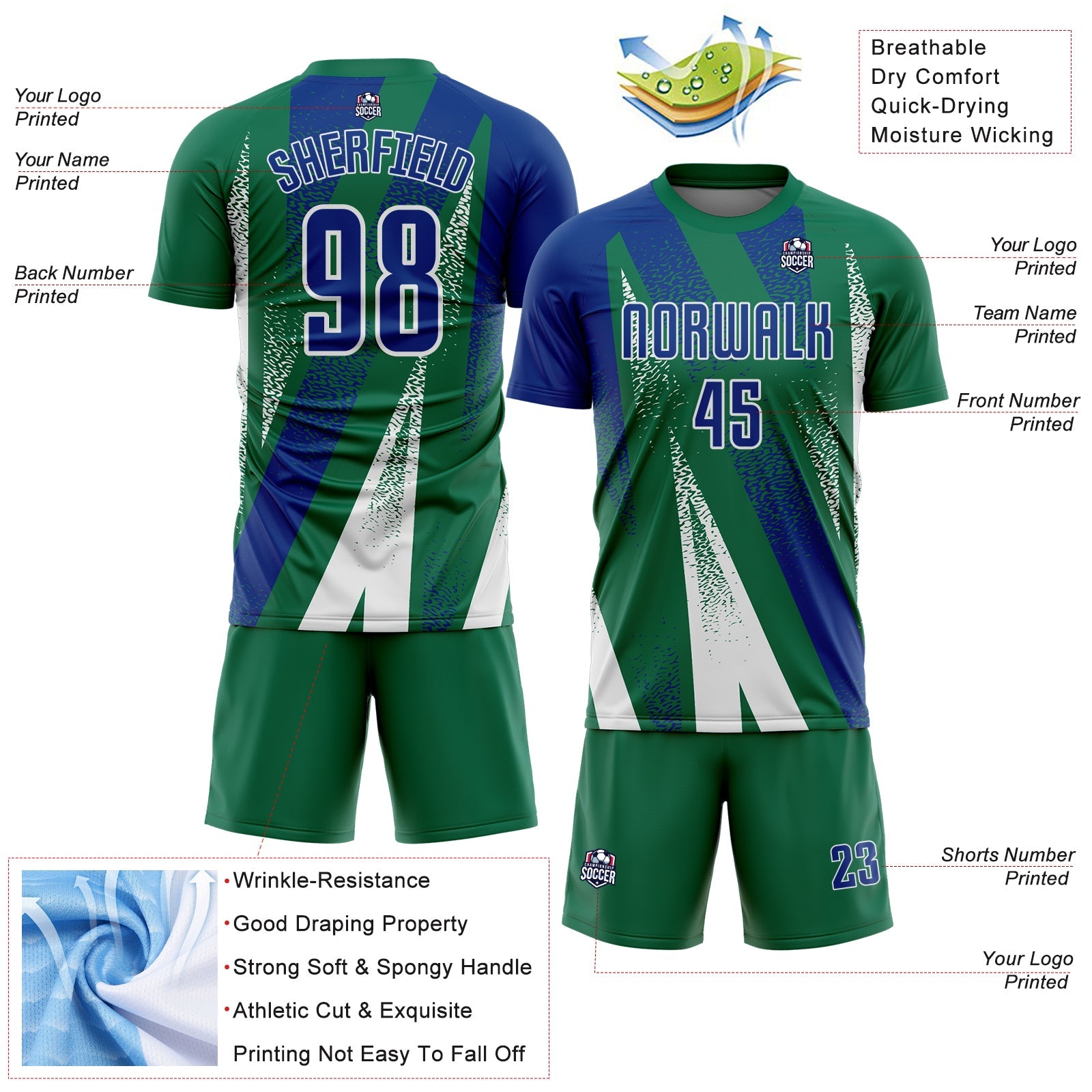 Custom Kelly Green Royal-White Radial Burst Sports Sublimation Soccer Uniform Jersey view 4