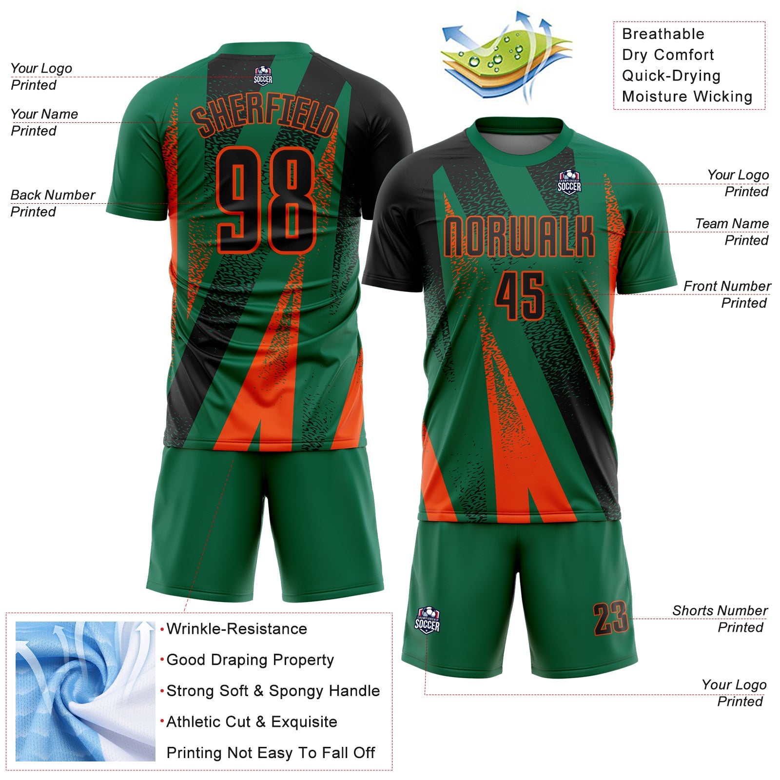 Custom Kelly Green Black-Orange Radial Burst Sports Sublimation Soccer Uniform Jersey view 4