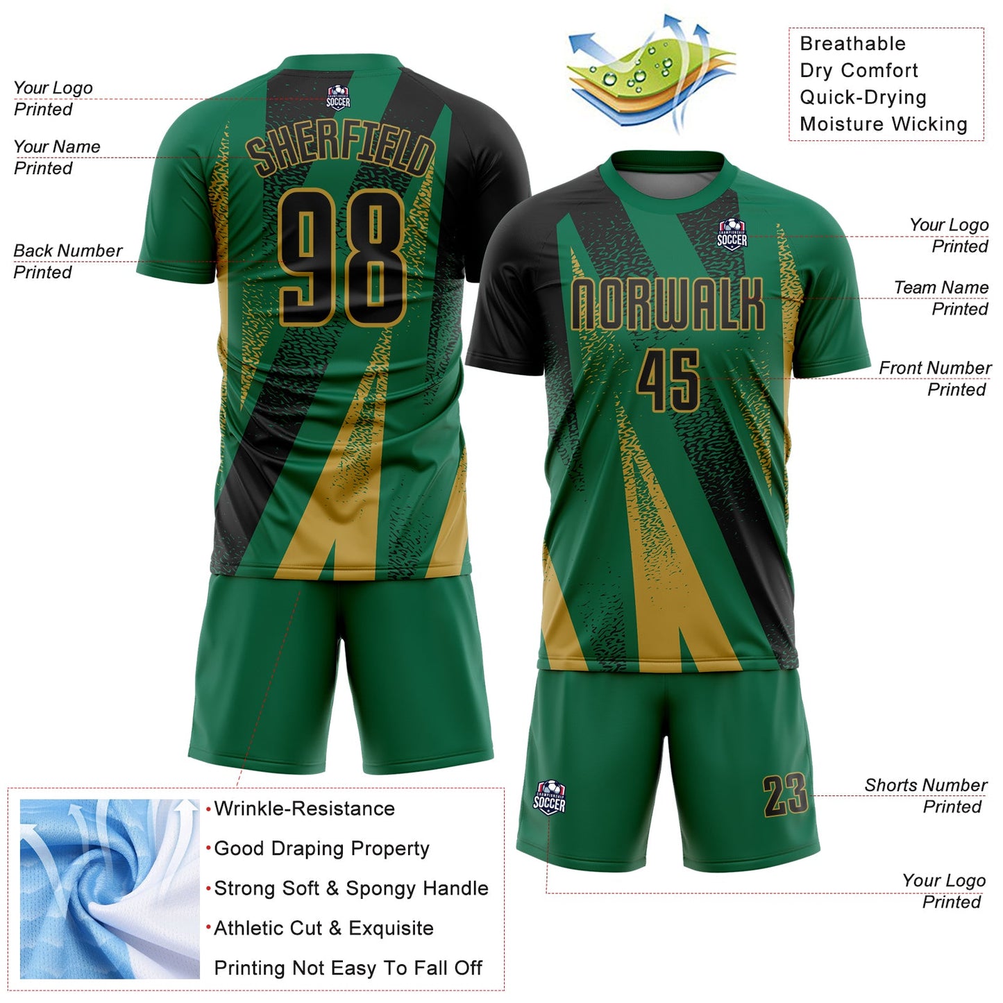 Custom Kelly Green Black-Old Gold Radial Burst Sports Sublimation Soccer Uniform Jersey view 4
