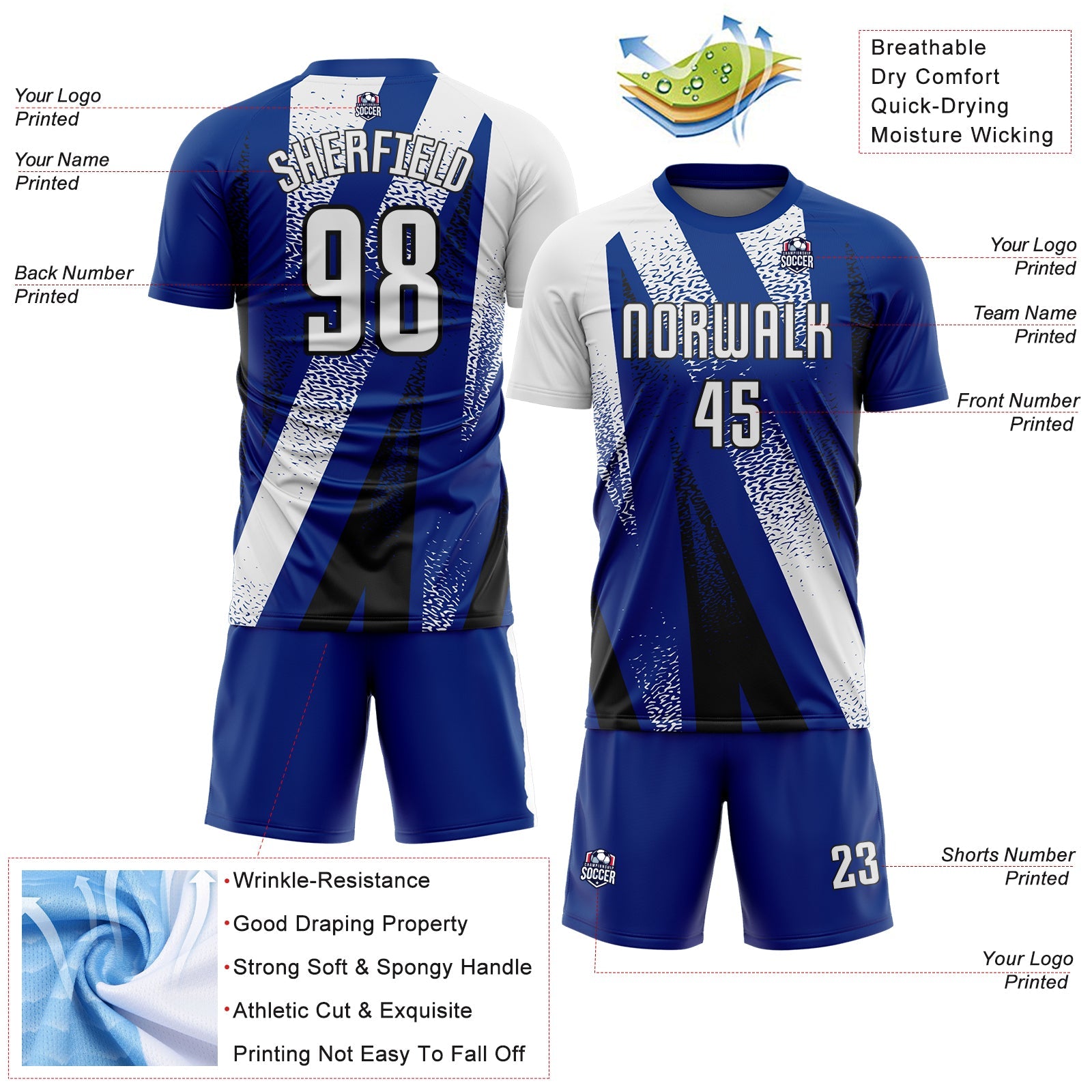 Custom Royal White-Black Radial Burst Sports Sublimation Soccer Uniform Jersey view 4
