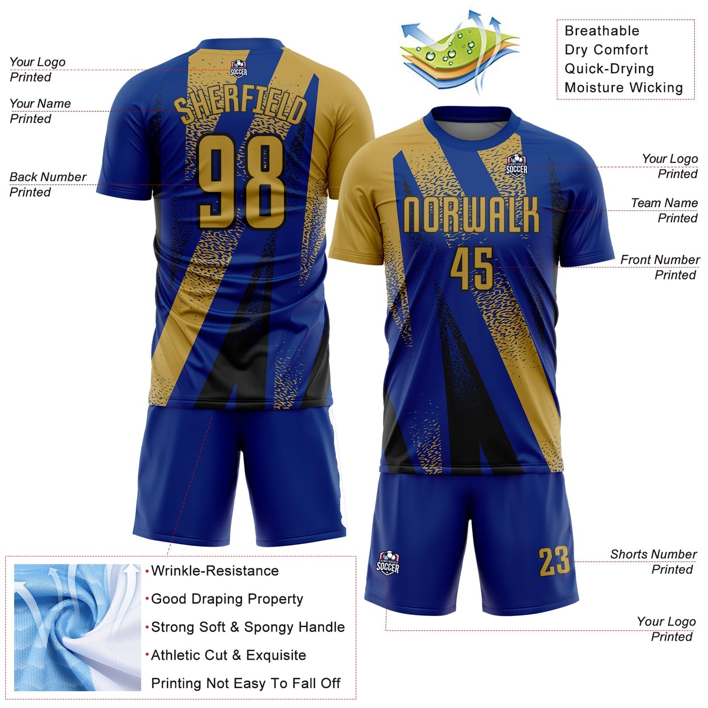 Custom Royal Old Gold-Black Radial Burst Sports Sublimation Soccer Uniform Jersey view 4