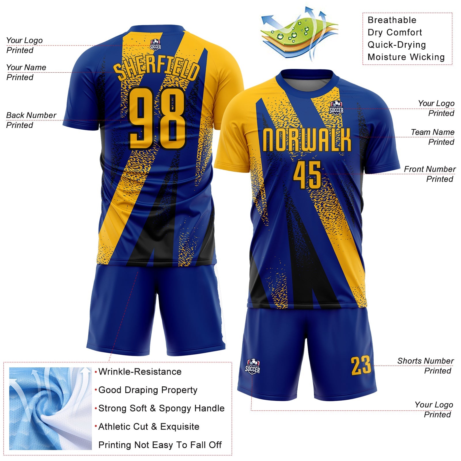 Custom Royal Gold-Black Radial Burst Sports Sublimation Soccer Uniform Jersey view 4