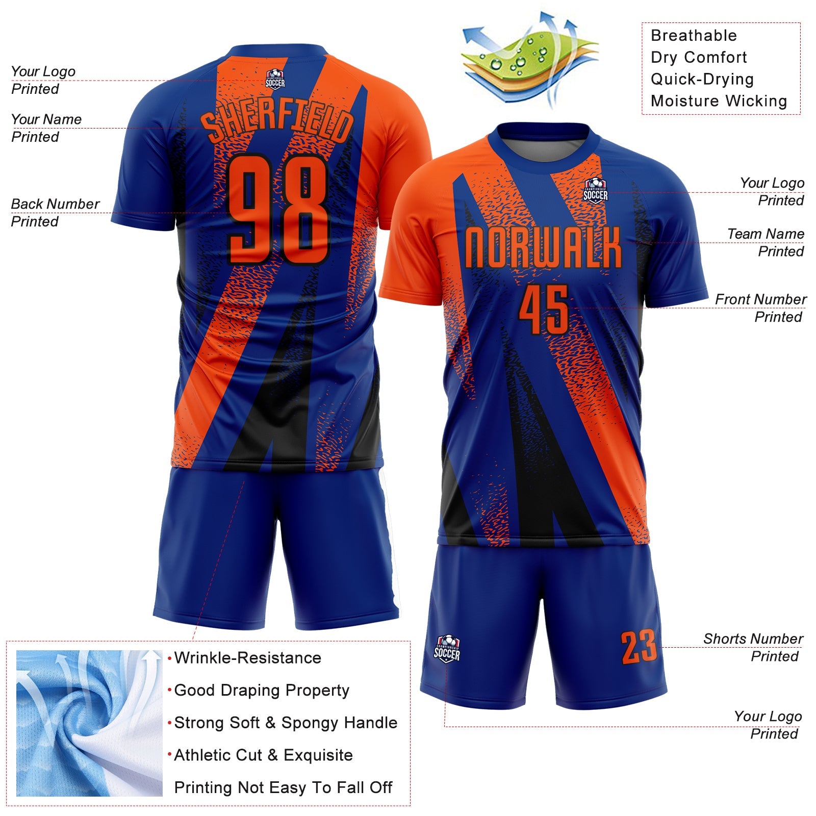 Custom Royal Orange-Black Radial Burst Sports Sublimation Soccer Uniform Jersey view 4