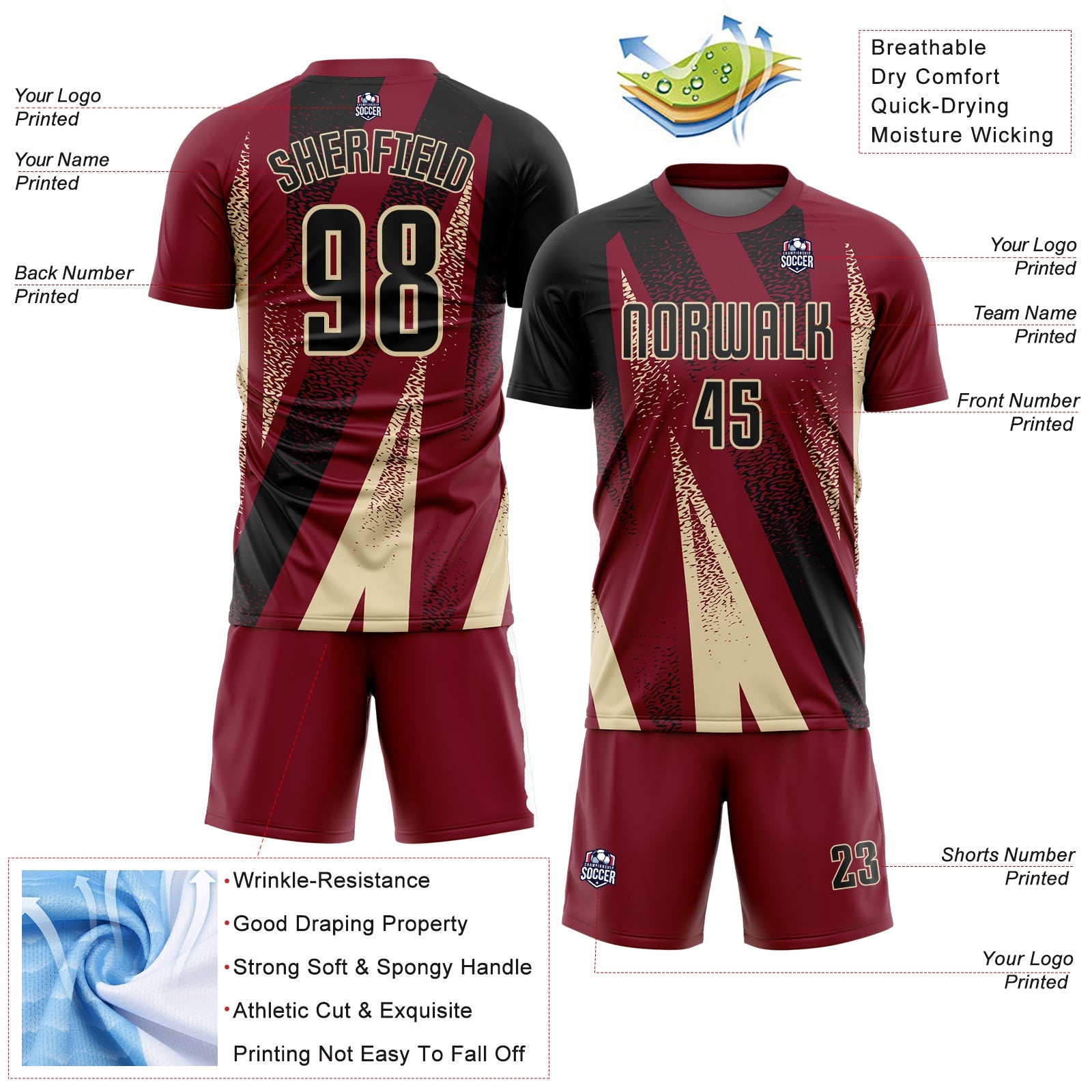 Custom Crimson Black-Cream Radial Burst Sports Sublimation Soccer Uniform Jersey view 4