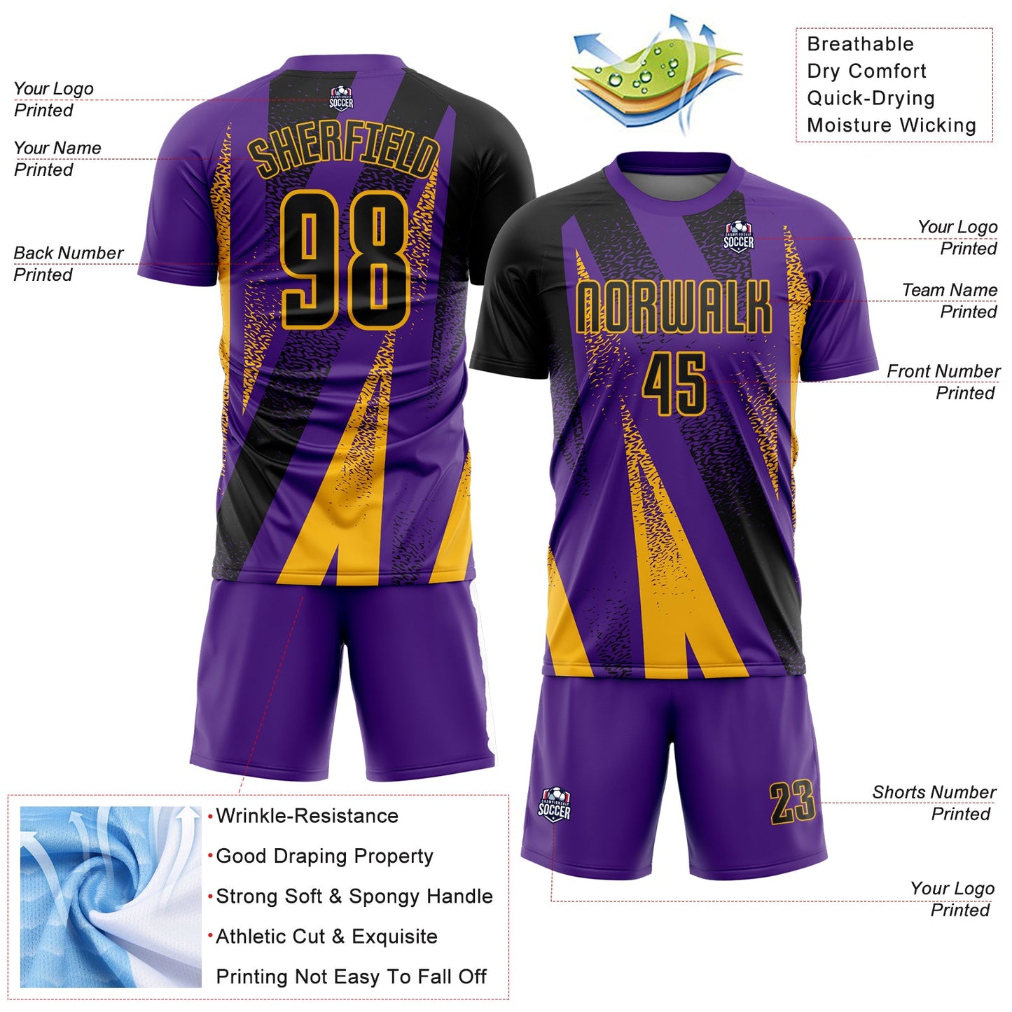 Custom Purple Black-Gold Radial Burst Sports Sublimation Soccer Uniform Jersey view 4